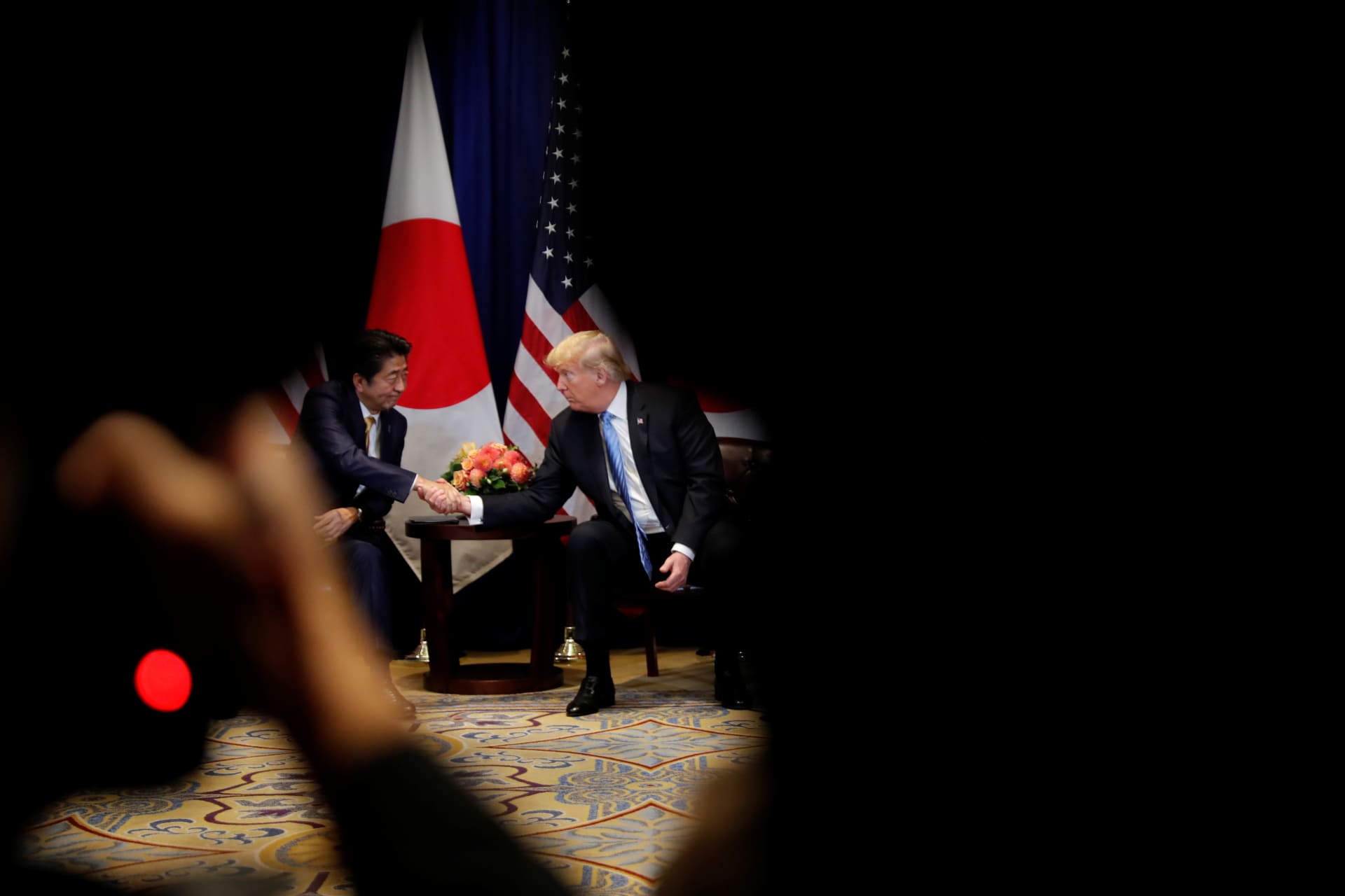 <p>U.S. President Donald Trump greets Japan’s Prime Minister Shinzo Abe during a bilateral meeting on the sidelines of the United Nations General Assembly in New York on September 26, 2018.</p>
