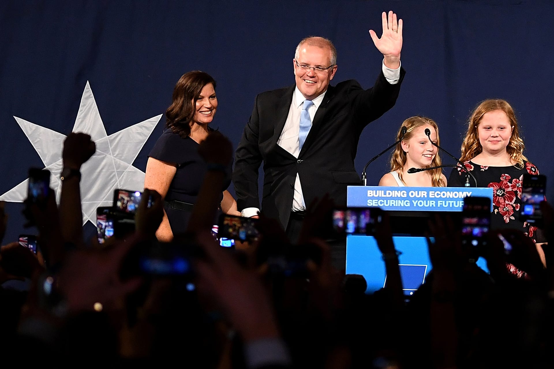 <p>Australia’s Prime Minister Scott Morrison with wife Jenny, children Abbey and Lily after winning the 2019 Federal Election, at the Federal Liberal Reception at the Sofitel-Wentworth hotel in Sydney, Australia, May 18, 2019.</p>
