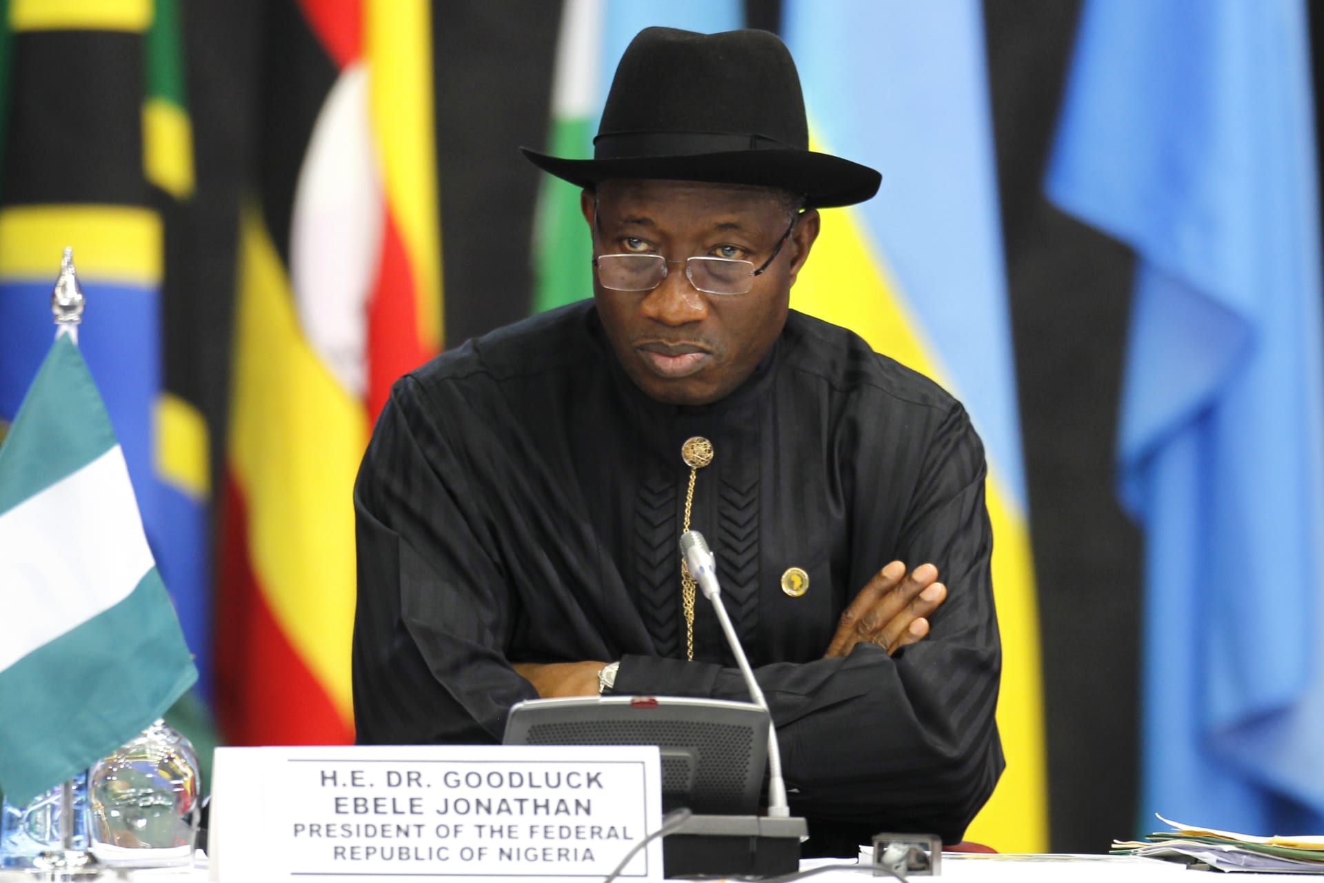 <p>Nigeria’s president at the time, Goodluck Jonathan, attends the Africa Union Peace and Security Council Summit on Terrorism at the Kenyatta International Convention Center in Nairobi, Kenya, on September 2, 2014.</p>
