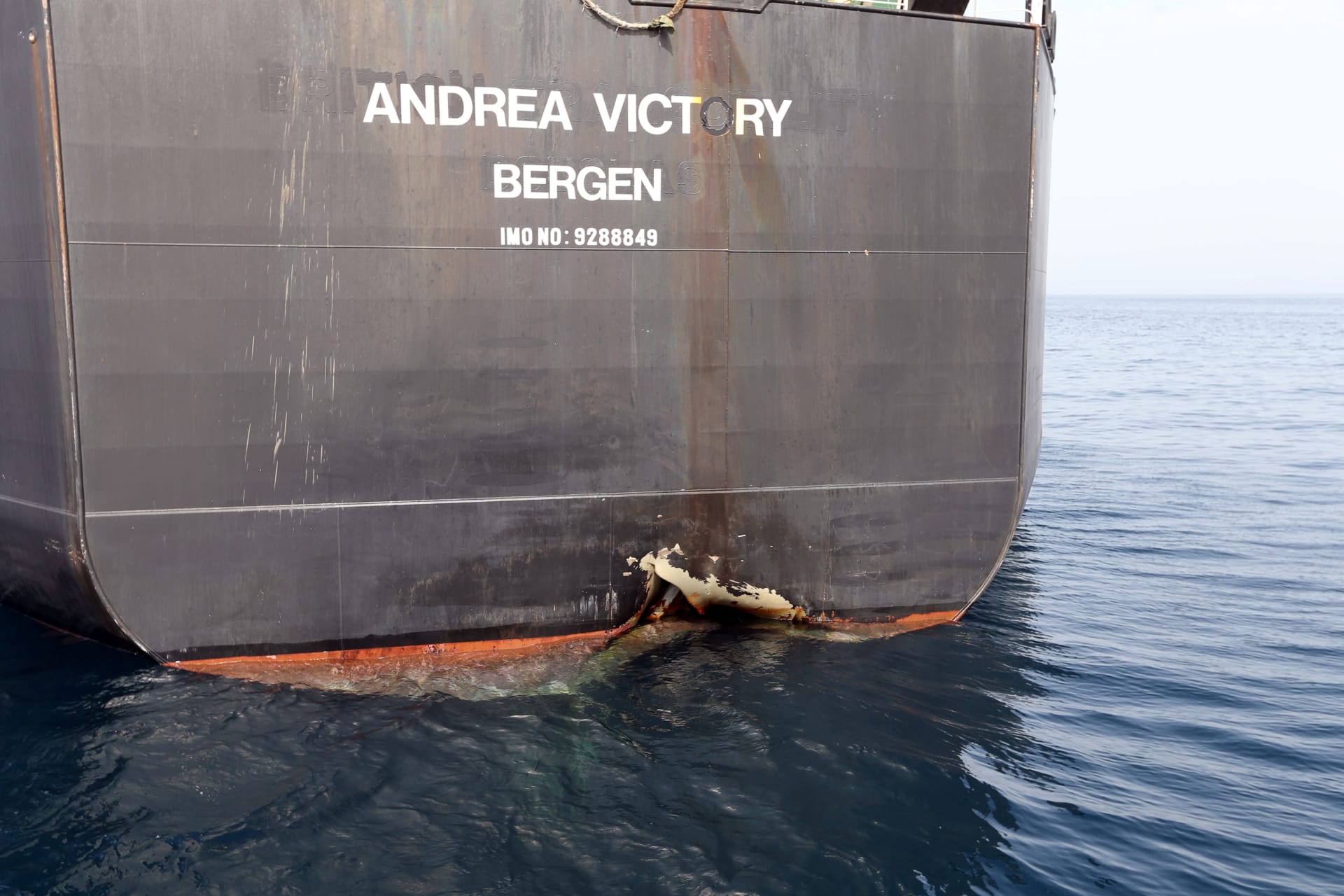 <p>A damaged Andrea Victory ship is seen off the Port of Fujairah, United Arab Emirates, May 13, 2019. </p>
