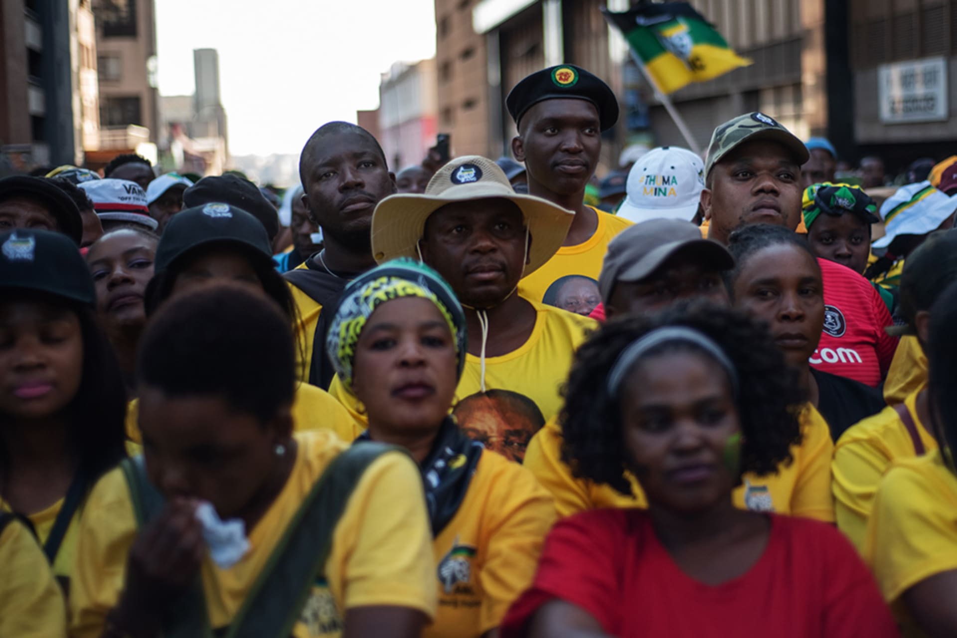 <p>African National Congress supporters listen to President Cyril Ramaphosa during an election victory rally in Johannesburg.</p>
