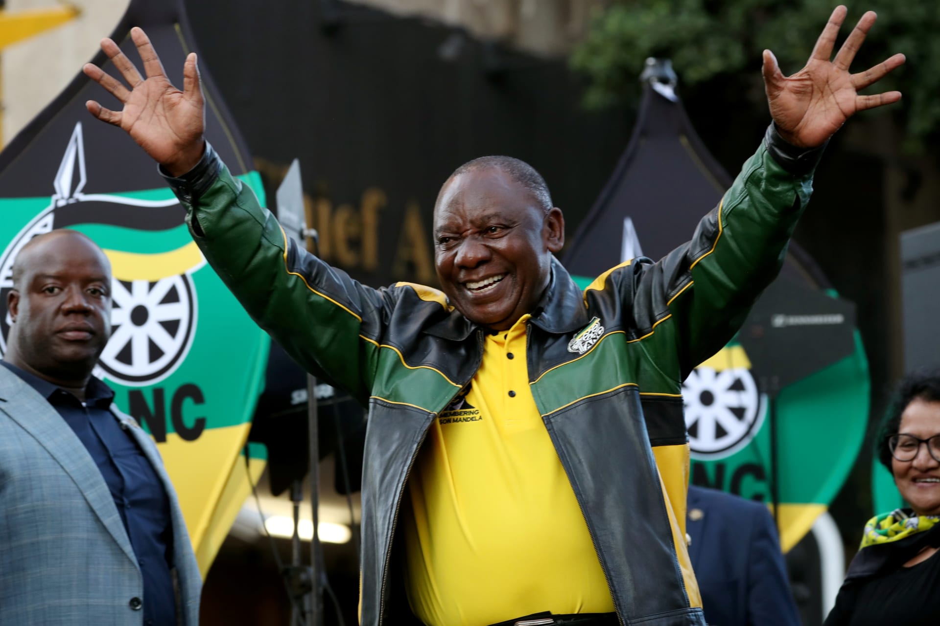 <p>President Cyril Ramaphosa waves to supporters of his ruling African National Congress (ANC) at an election victory rally in Johannesburg, South Africa, on May 12, 2019.</p>
