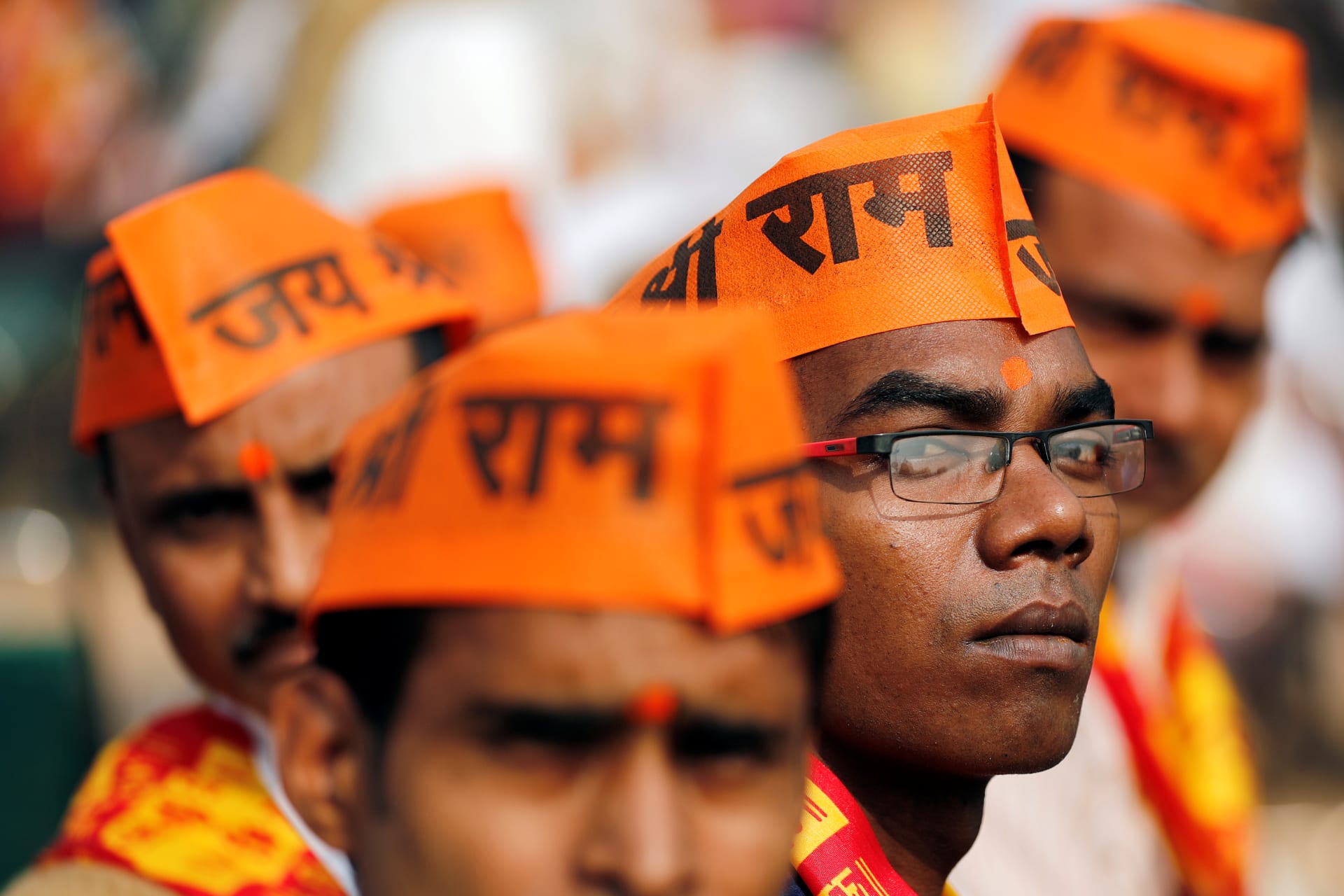 <p>Supporters of the Hindu nationalist organization Vishva Hindu Parishad (VHP) attend “Dharma Sabha,” a religious congregation organised by the VHP in New Delhi, India, on December 9, 2018.</p>
