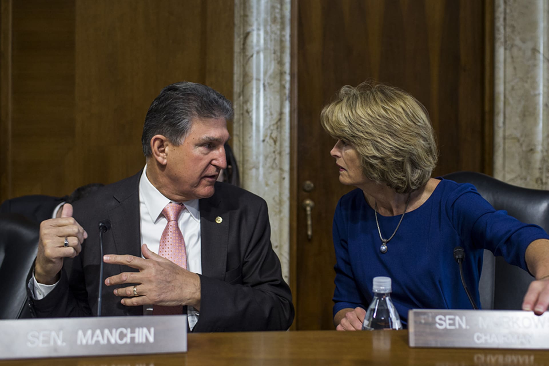 <p>Senate Energy and Natural Resources Ranking Member Sen. Joe Manchin (D-WV) speaks to Senate Energy and Natural Resources Chairman Sen. Lisa Murkowski.</p>
