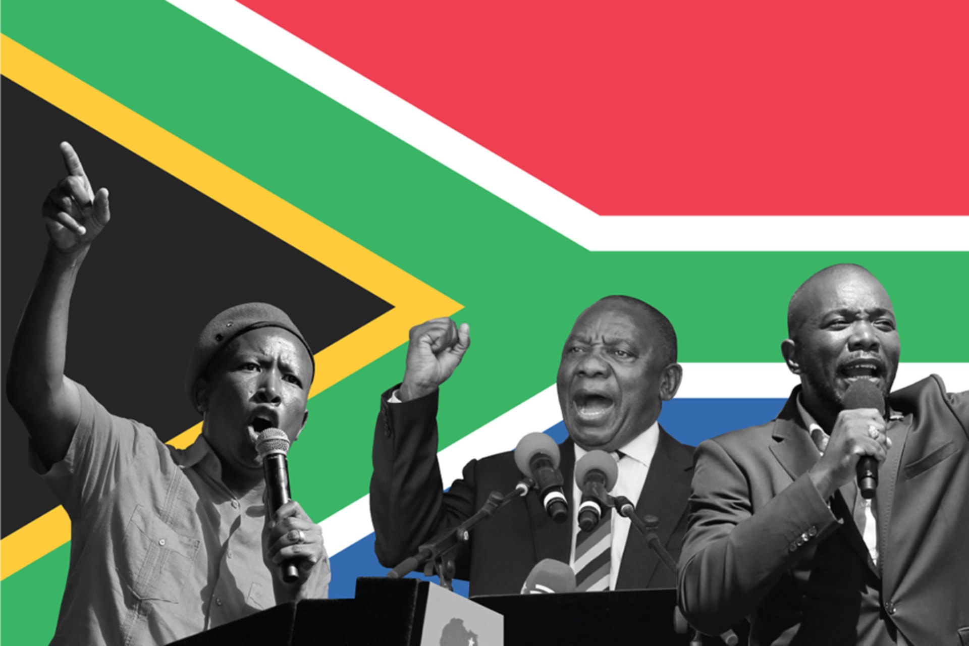 <p>From left to right: Julius Malema, leader of the Economic Freedom Fighters, President Cyril Ramaphosa, leader of the African National Congress, and Mmusi Maimaine, leader of the Democratic Alliance.</p>
