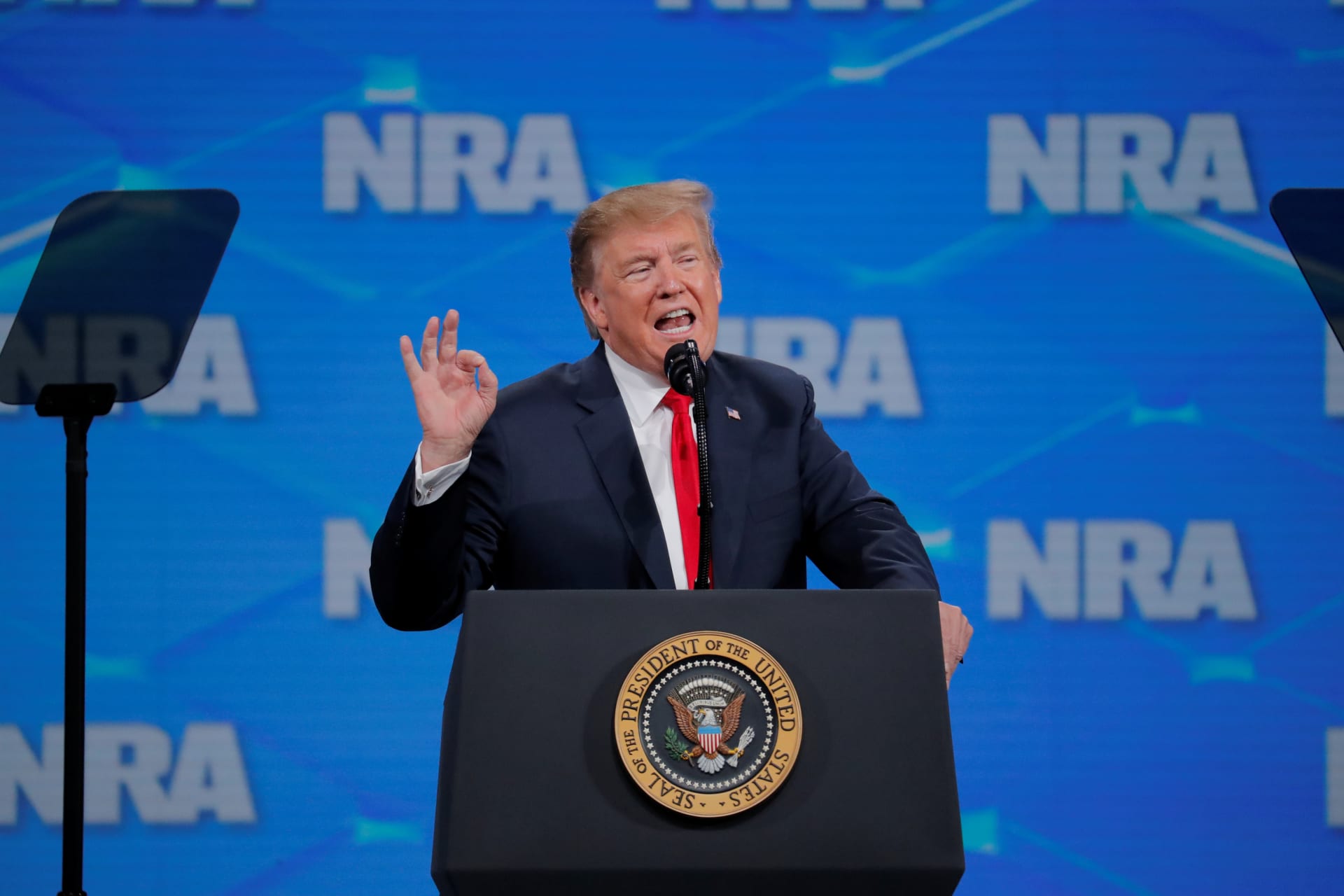 <p>U.S. President Donald Trump gestures as he addresses the 148th National Rifle Association (NRA) annual meeting in Indianapolis, Indiana, U.S., April 26, 2019.</p>
