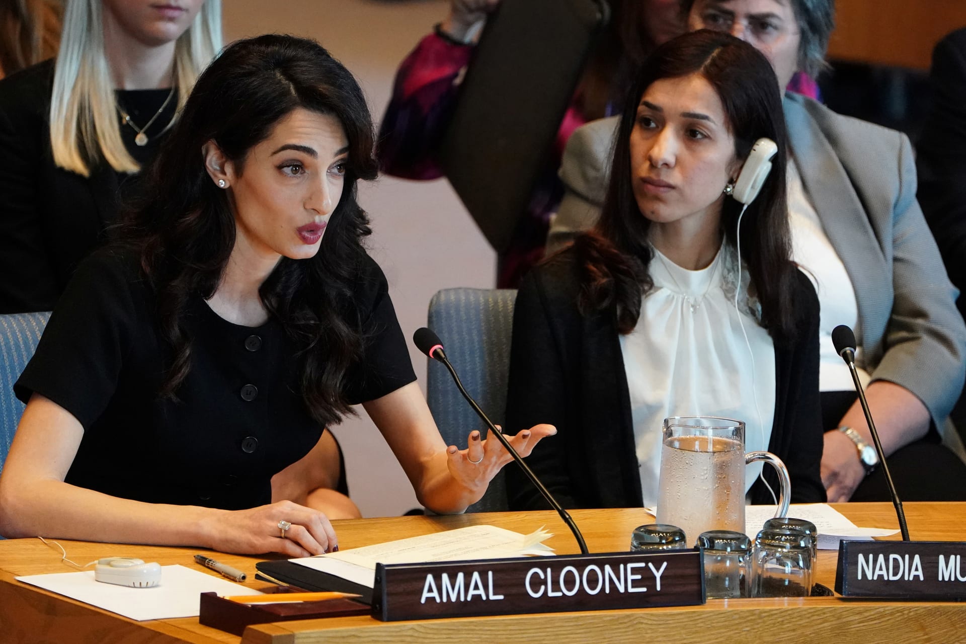<p>Amal Clooney and Nadia Murad at the UN Security Council, during a meeting about sexual violence in conflict. New York, United States. April 23, 2019.</p>
