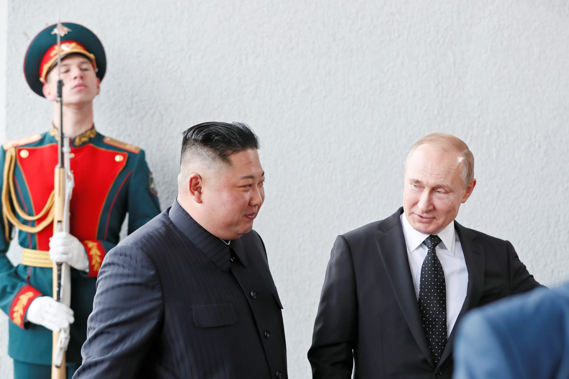 <p>Russian President Vladimir Putin walks with North Korean leader Kim Jong-un in Vladivostok, Russia.</p>
