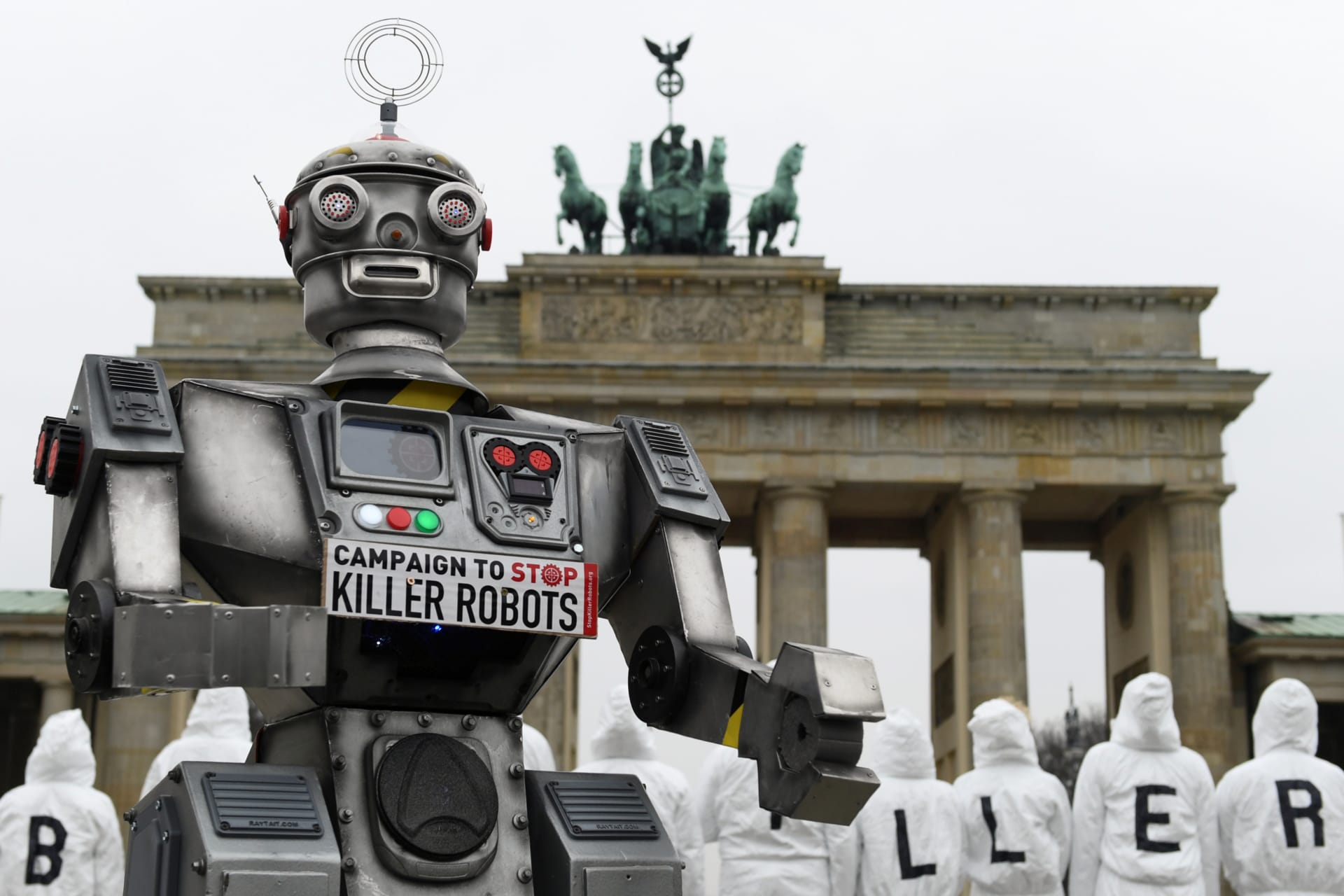 <p>Activists from the Campaign to Stop Killer Robots stage a protest at Brandenburg Gate in Berlin, Germany, on March, 21, 2019. </p>
