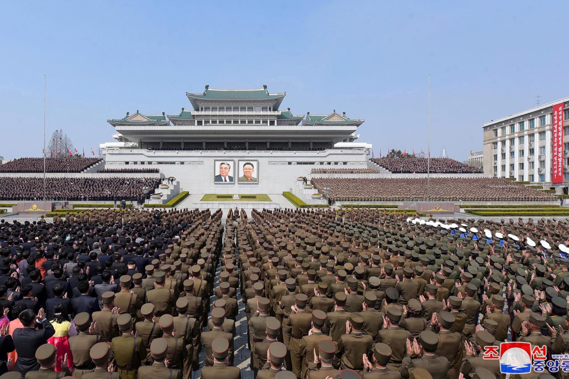 <p>A mass rally celebrating the re-election of Kim Jong-un as North Korea’s leader is held at Kim Il-sung square in Pyongyang, North Korea, in this photo released on April 14, 2019 by North Korea’s Korean Central News Agency (KCNA).</p>
