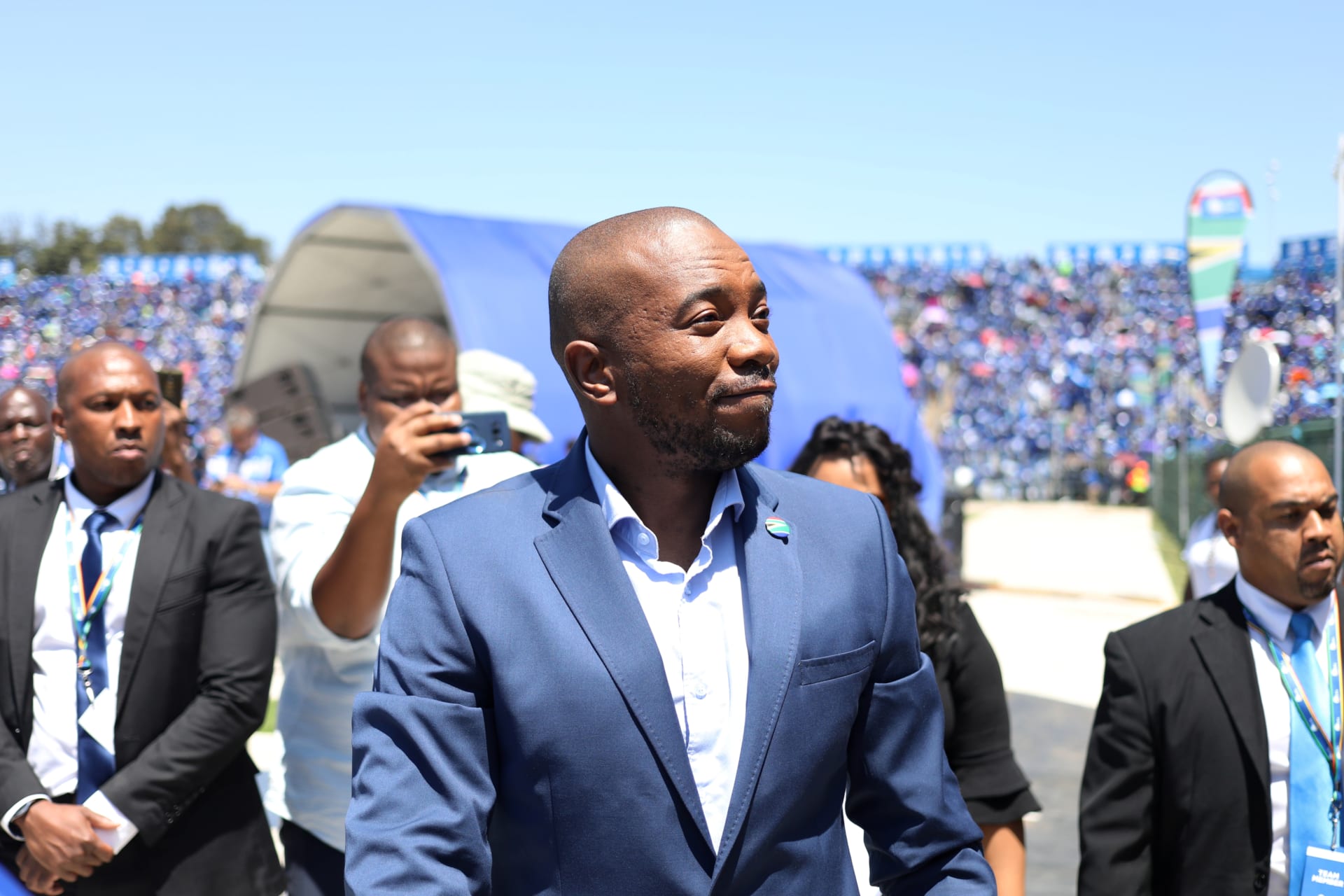 <p>Mmusi Maimane, leader of South African opposition party, the Democratic Alliance (DA), arrives for the party’s election manifesto launch in Johannesburg, South Africa, on February 23, 2019.</p>
