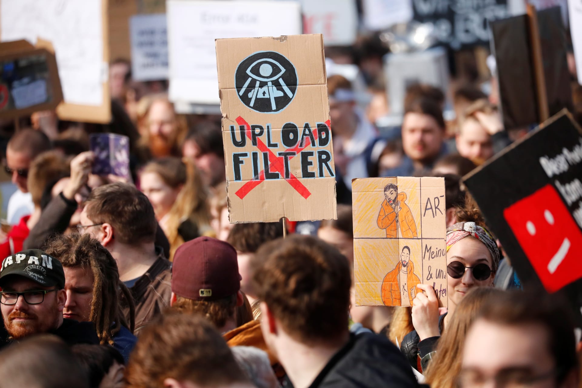 <p>People protest against the planned EU copyright reform in Berlin, Germany March 23, 2019. </p>
