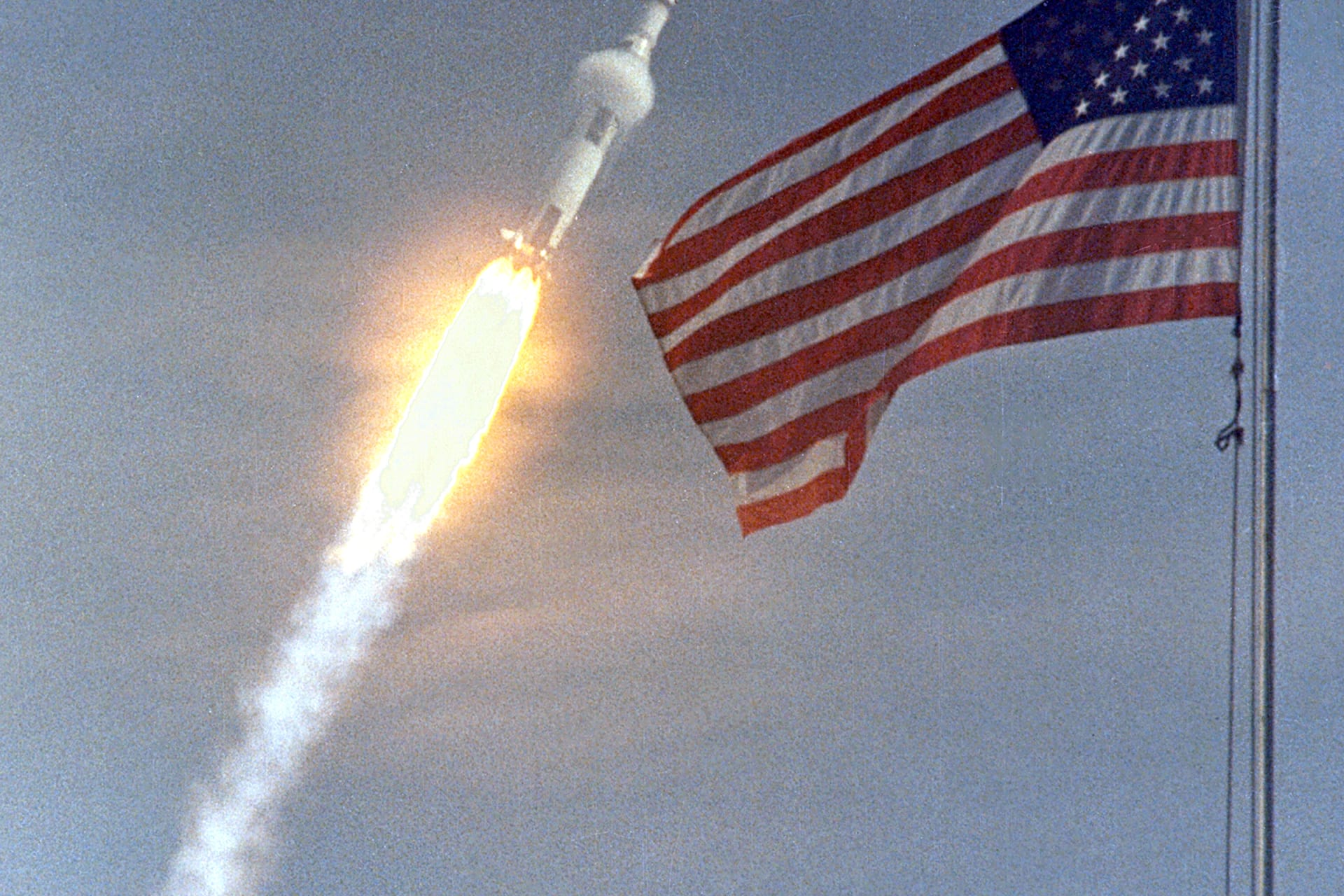 <p>The American flag heralds the launch of Apollo 11, the first lunar landing mission, on July 16, 1969.</p>
