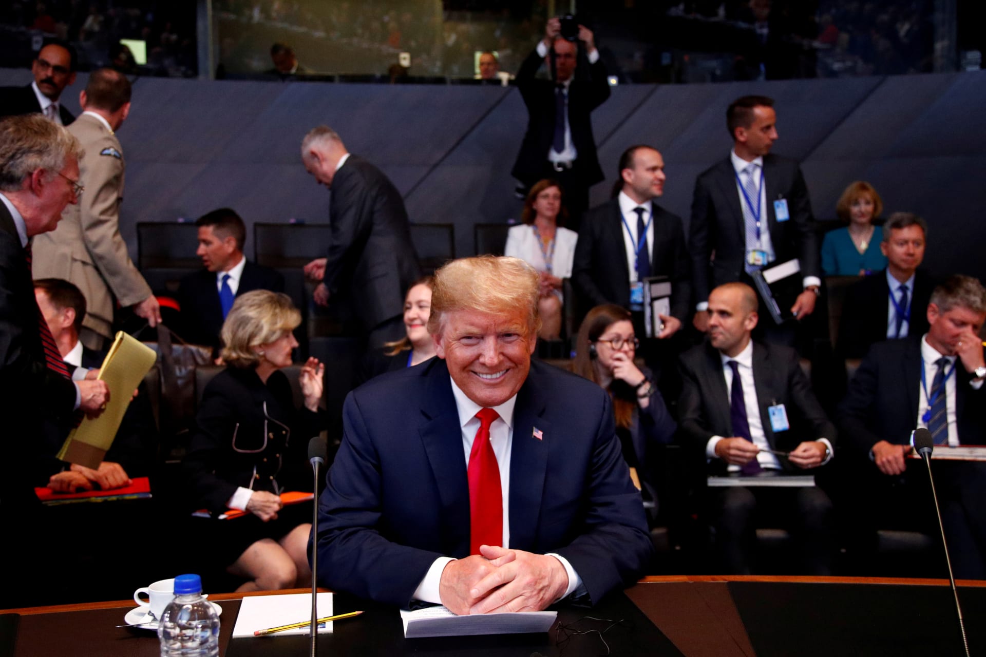 <p>U.S. President Donald J. Trump attends a meeting of the North Atlantic Council during a NATO summit in Brussels, Belgium, July 11, 2018. </p>
