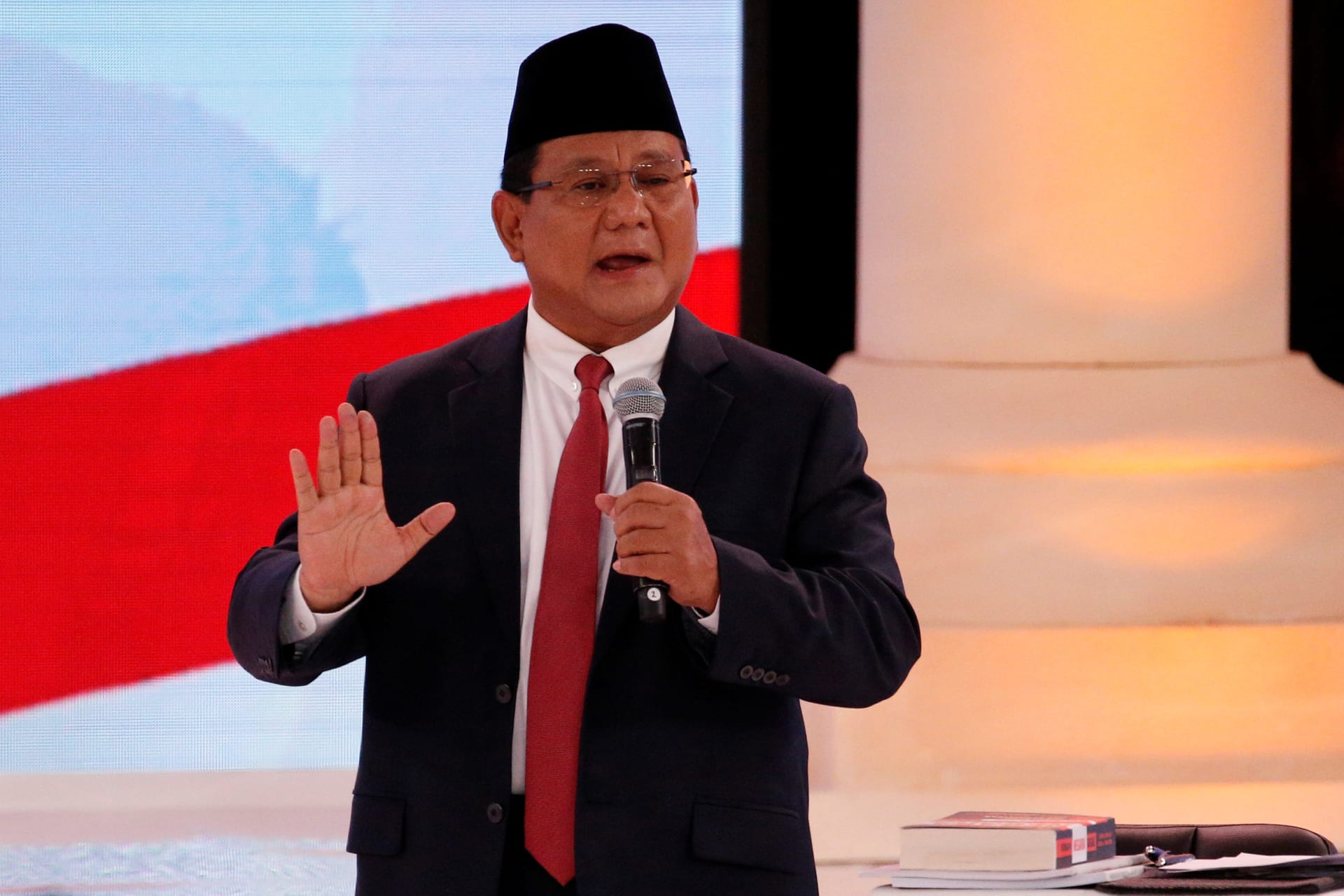 <p>Indonesia’s presidential candidate Prabowo Subianto gestures as he speaks during a debate with his opponent Joko Widodo (not pictured) in Jakarta, Indonesia, on February 17, 2019.</p>