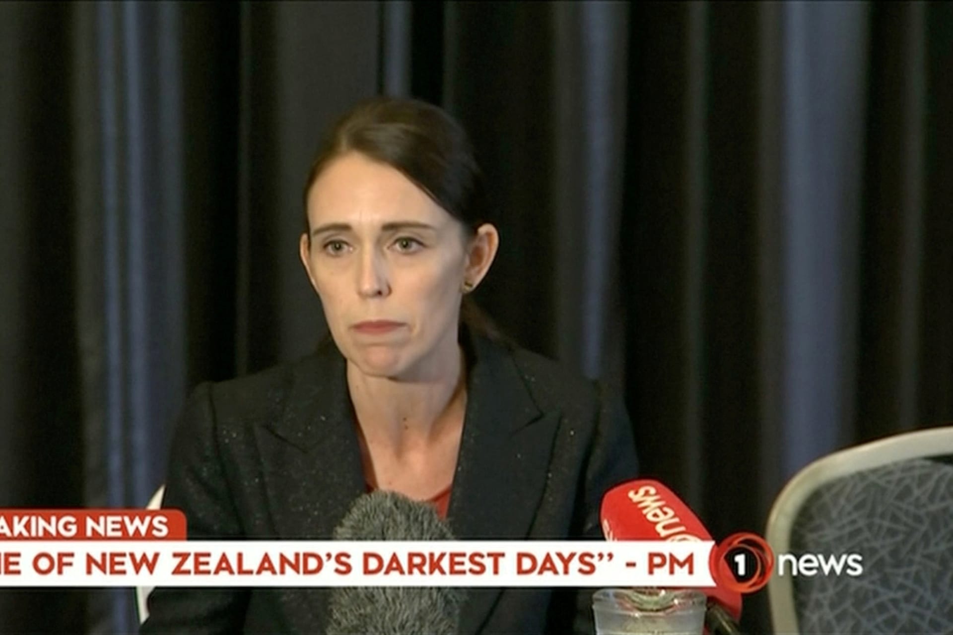 <p>New Zealand’s Prime Minister Jacinda Ardern speaks on live television following fatal shootings at two mosques in central Christchurch, New Zealand on March 15, 2019, in this still image taken from video.</p>
