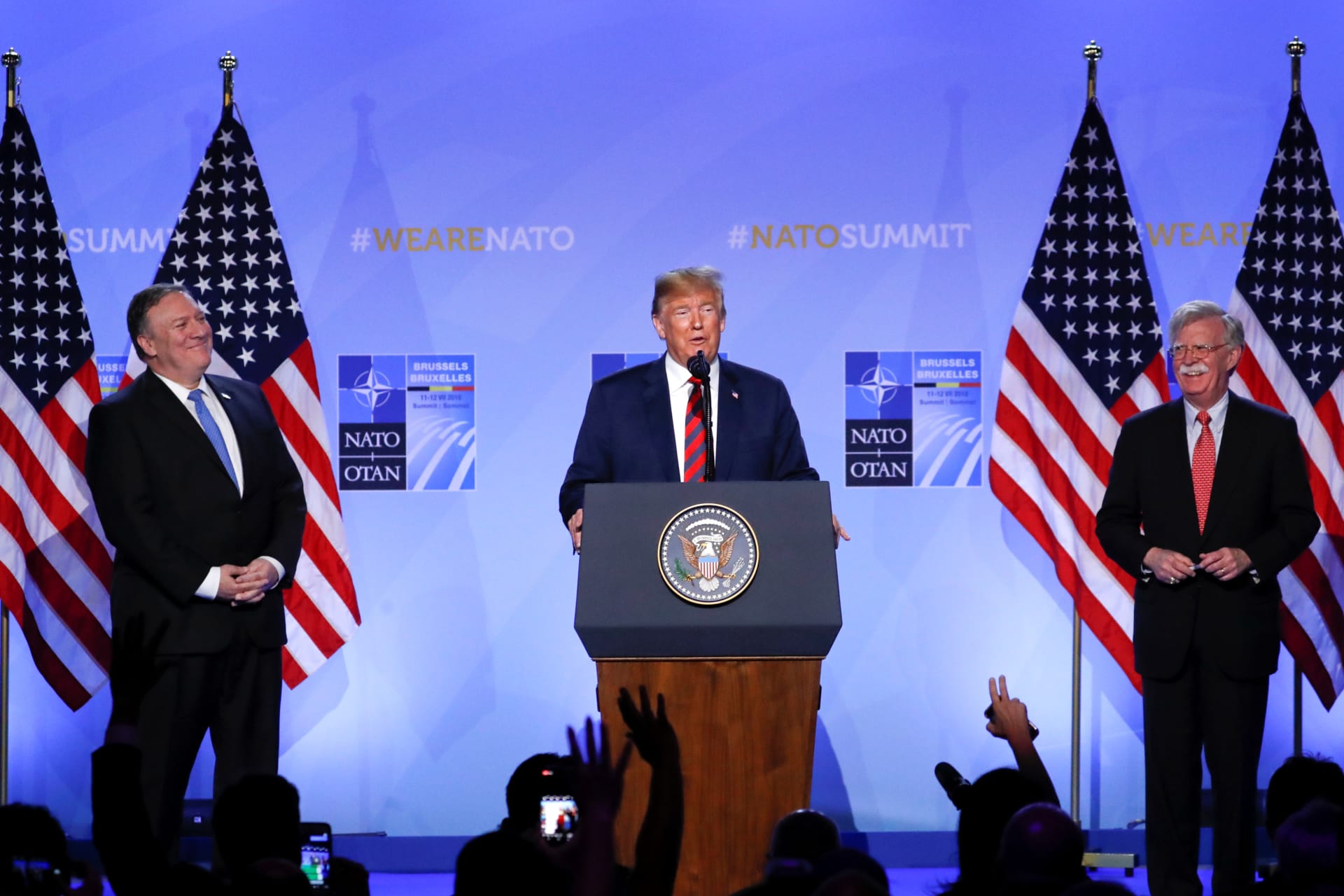 <p>U.S. President Donald J. Trump, Acting U.S. Secretary of State Mike Pompeo and U.S. National Security Adviser John Bolton hold a news conference after participating in the NATO Summit in Brussels, Belgium on July 12, 2018. </p>
