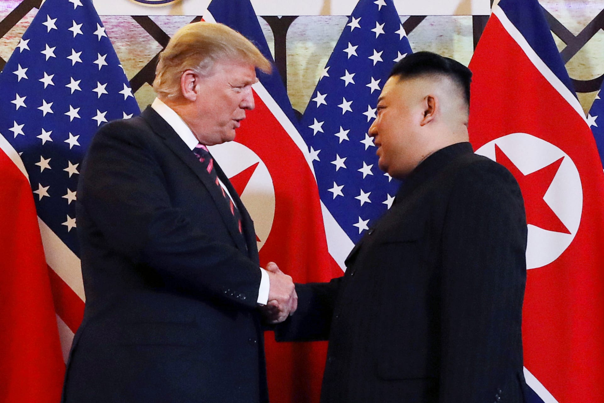 <p>U.S. President Donald J. Trump and North Korean leader Kim Jong-un shake hands before their one-on-one meeting during the second U.S.-North Korea summit in Hanoi, Vietnam, on February 27, 2019. </p>
