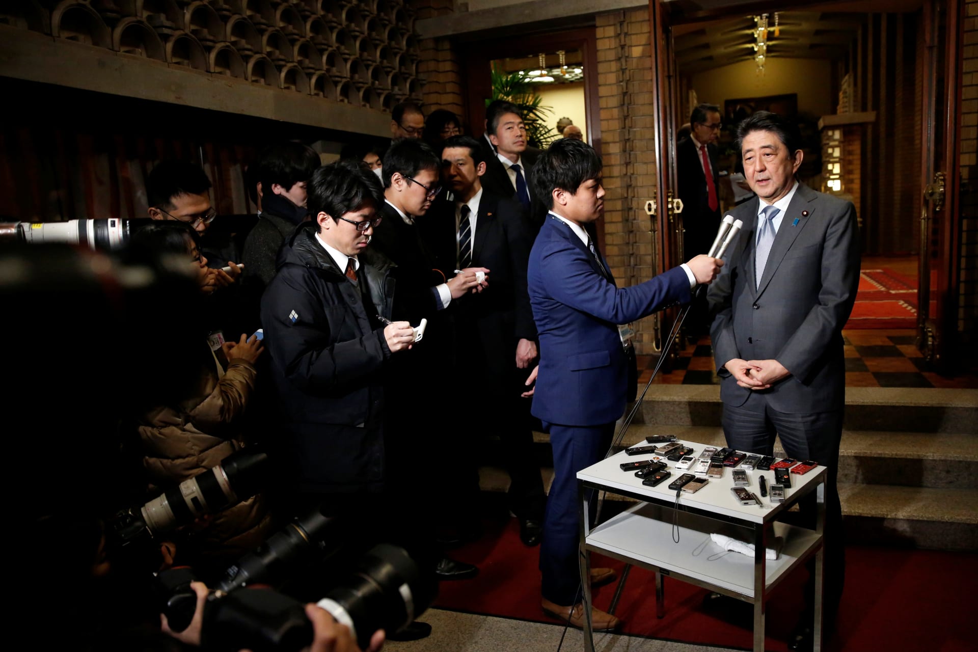 <p>Prime Minister Shinzo Abe speaks to press in Tokyo about the U.S.-North Korea summit, on February 28.</p>
