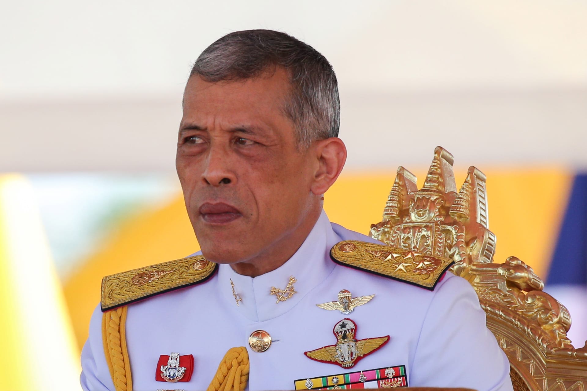 <p>Thailand’s King Maha Vajiralongkorn attends the annual Royal Ploughing Ceremony in central Bangkok, Thailand, on May 14, 2018. </p>
