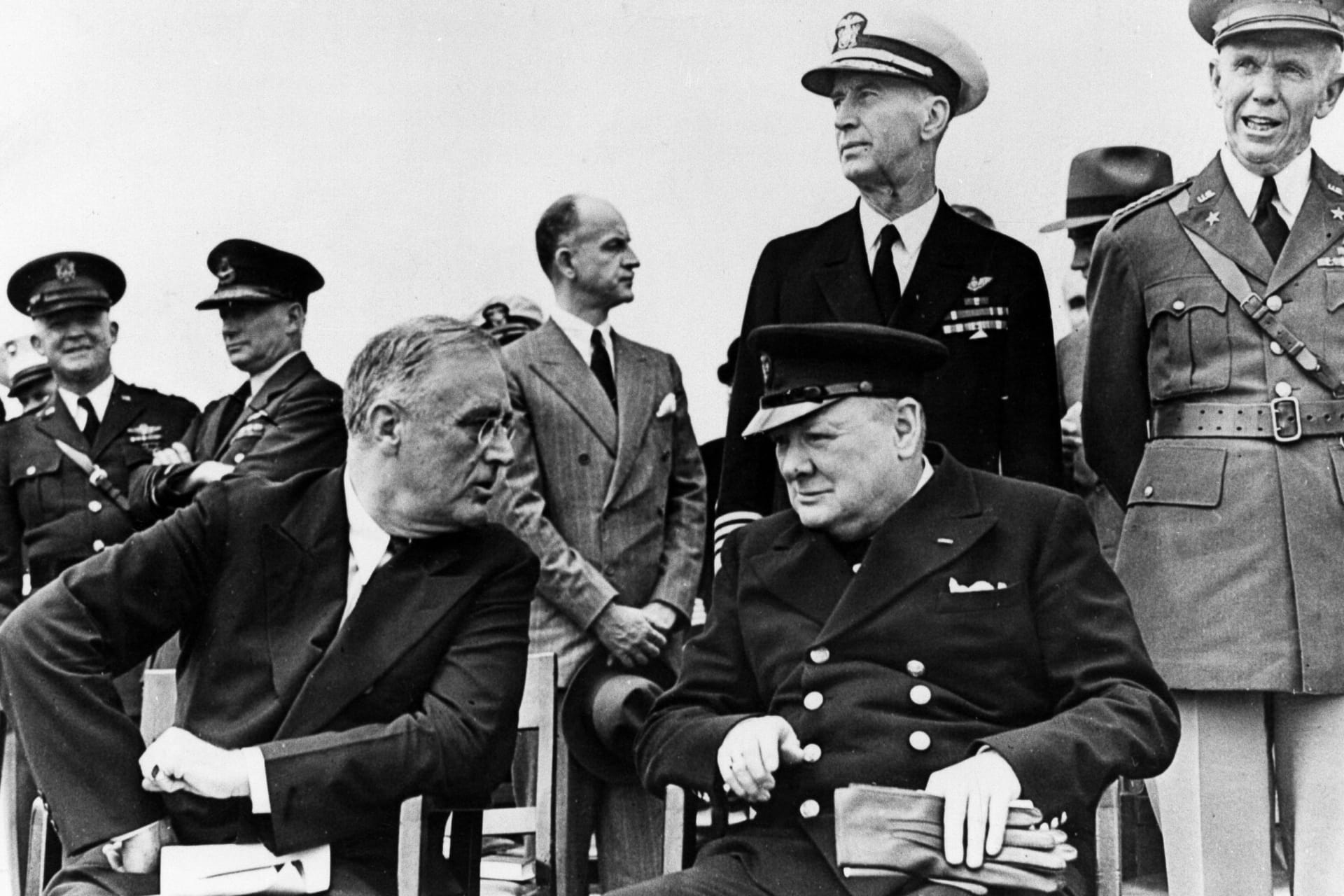 <p>Franklin D. Roosevelt and Winston Churchill meet off the coast of Newfoundland, Canada, in 1941. </p>
