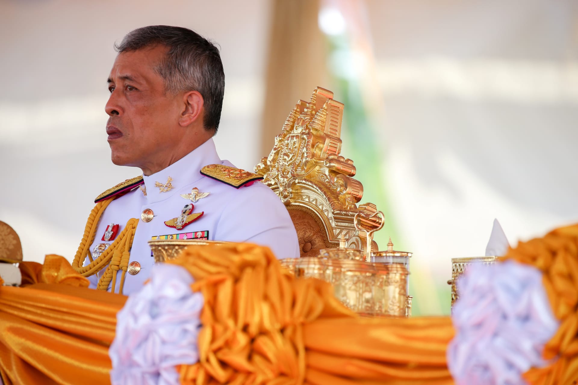 <p>Thailand’s King Maha Vajiralongkorn attends the annual Royal Ploughing Ceremony in central Bangkok, Thailand, on May 14, 2018.</p>
