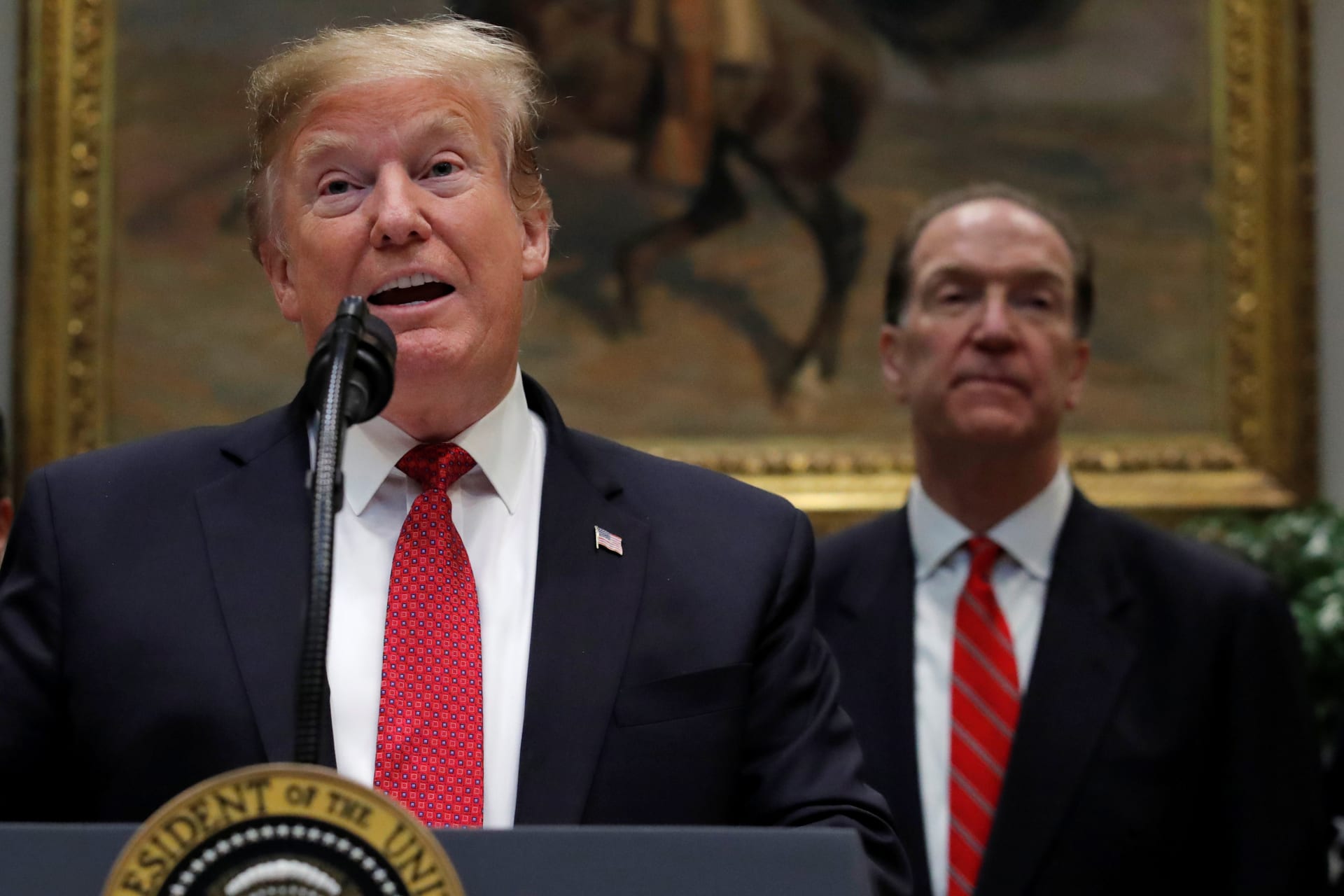 <p>U.S. President Donald Trump introduces the U.S. candidate in the election for the next president of the World Bank, David Malpass, at the White House in Washington, DC, February 6, 2019.</p>
