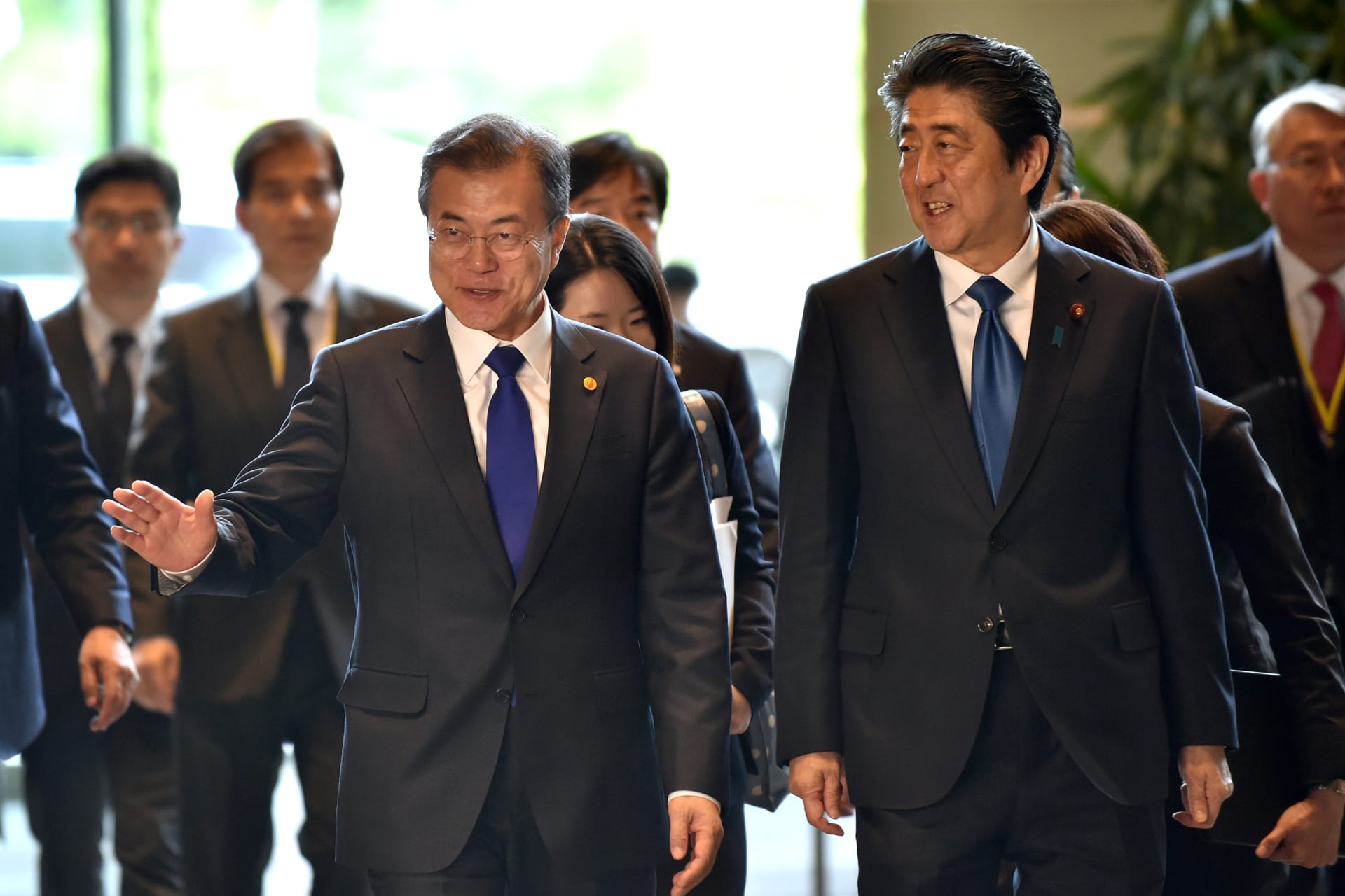 <p>South Korea’s President Moon Jae-in is greeted by Japan’s Prime Minister Shinzo Abe prior to their meeting at Abe’s official residence in Tokyo, Japan on May 9, 2018. </p>
