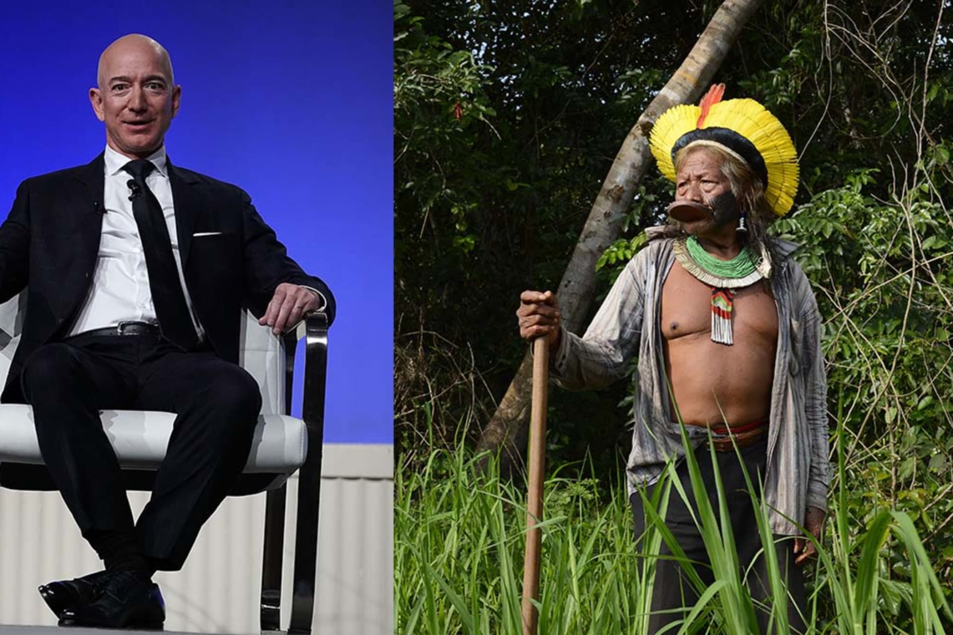 <p>Amazon founder Jeff Bezos (left) and Amazonian chief Raoni Metuktire of the Kayapo tribe (right).</p>
