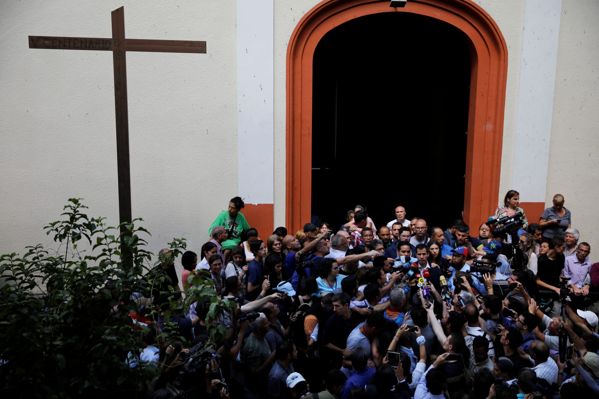 <p>Venezuelan opposition leader and self-proclaimed interim president Juan Guaido accompanied by his wife Fabiana Rosales in Caracas, Venezuela, January 27, 2019.</p>
