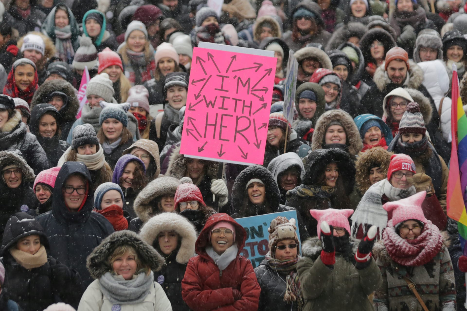 <p>Participants listen to speakers outside City Hall during the Women’s March in Toronto.</p>
