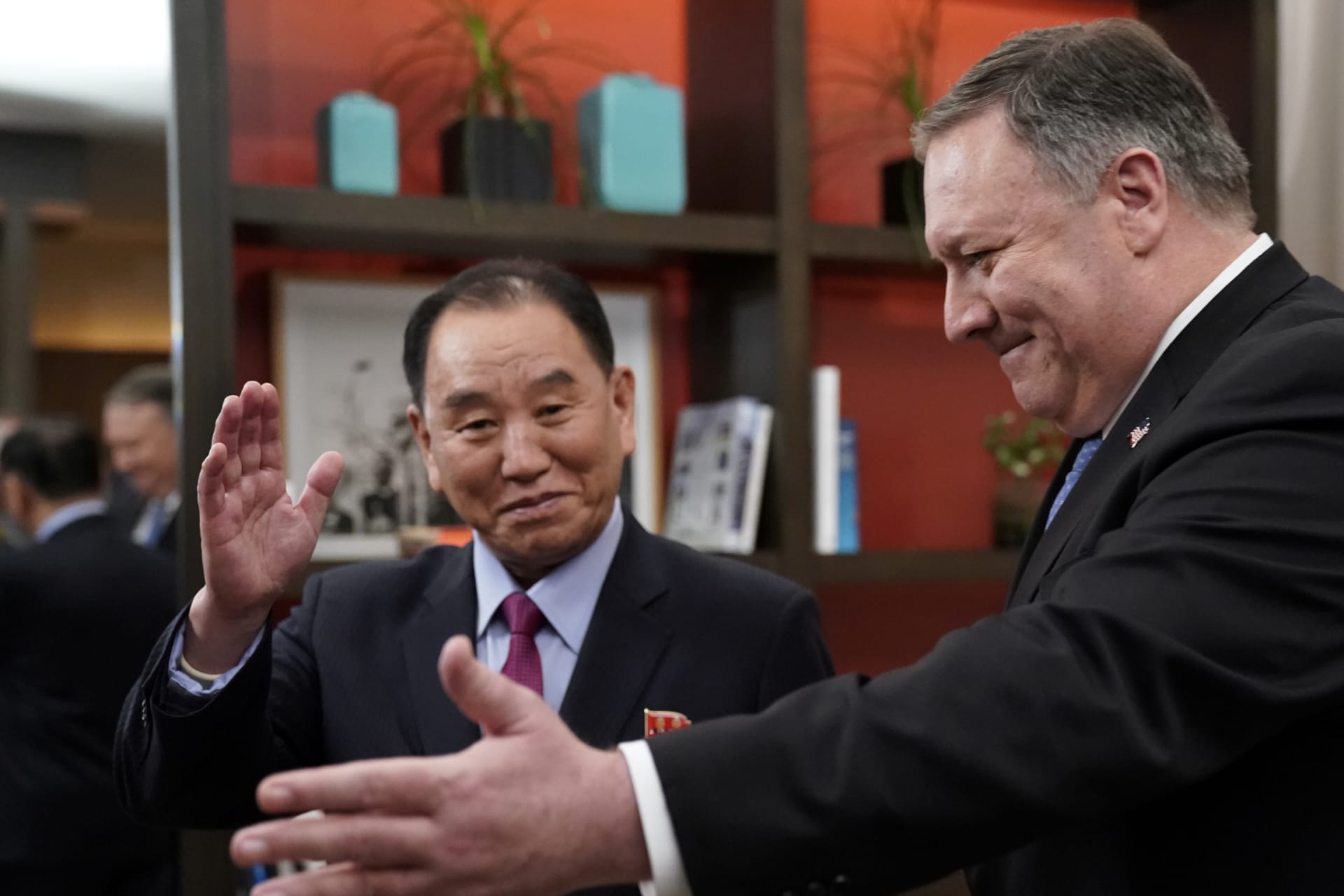 <p>U.S. Secretary of State Mike Pompeo stands with Vice Chairman of the North Korean Workers’ Party Committee Kim Yong-chol, North Korea’s lead negotiator in nuclear diplomacy with the United States on January 18, 2019.</p>
