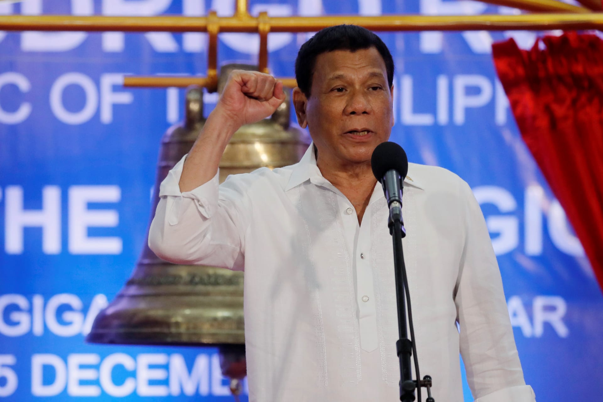 <p>President Rodrigo Duterte speaks during a ceremony marking the return of the three Balangiga bells taken by the U.S. military as war booty 117 years ago, at Balangiga, Eastern Samar in central Philippines December 15, 2018.</p>
