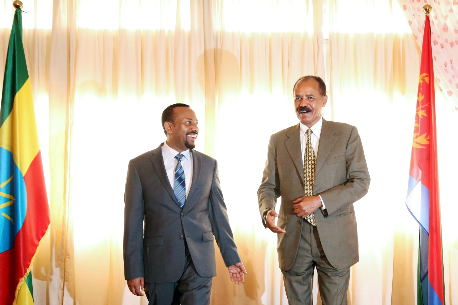 <p>President Isaias Afwerki of Eritrea and Prime Minister Abiy Ahmed of Ethiopia during the inauguration ceremony marking the reopening of the Eritrean embassy in Addis Ababa, Ethiopia, on July 16, 2018. </p>
