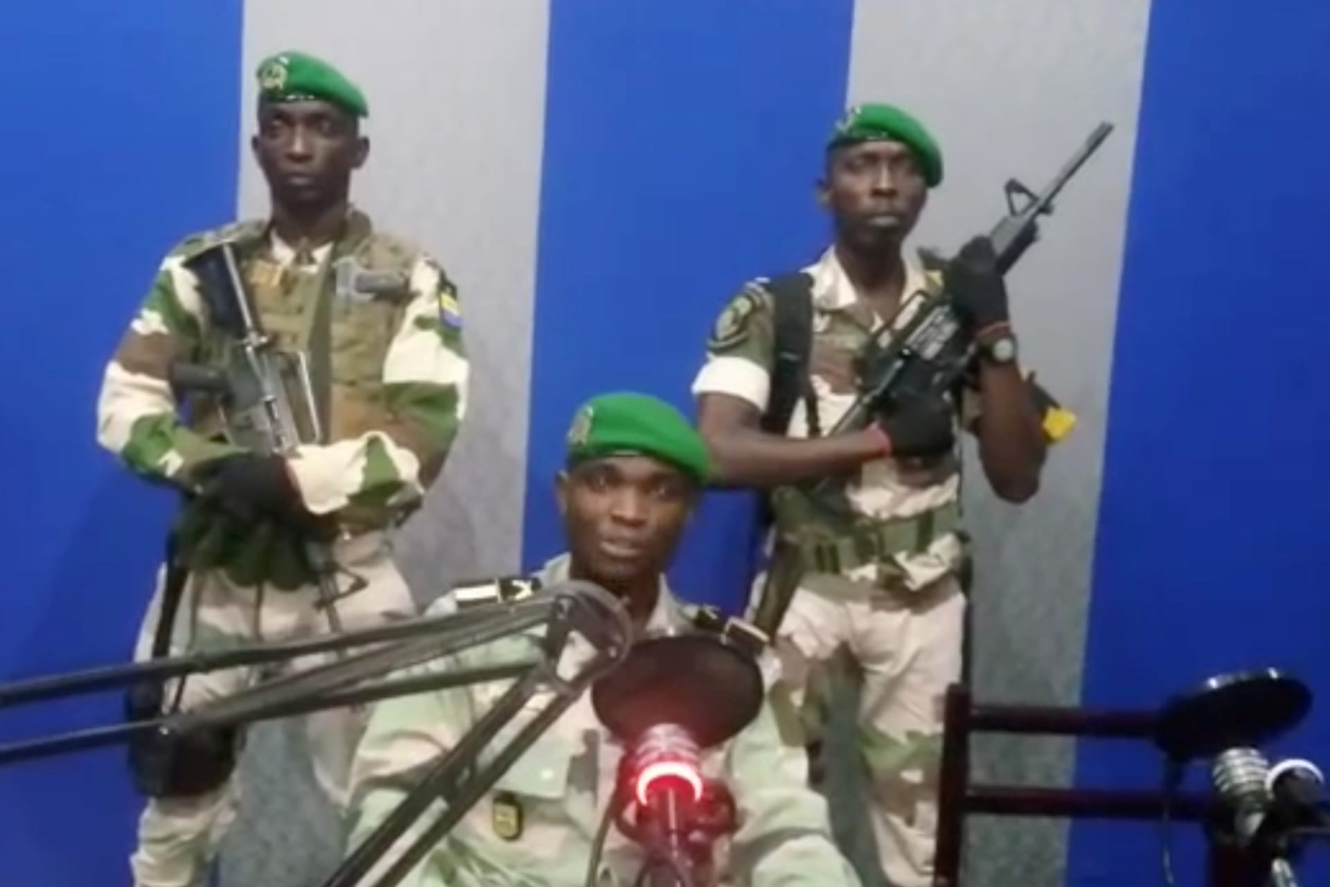 <p>A still image taken from a video posted on January 7, 2019, shows military officers giving a statement from a radio station in Libreville, Gabon.</p>
