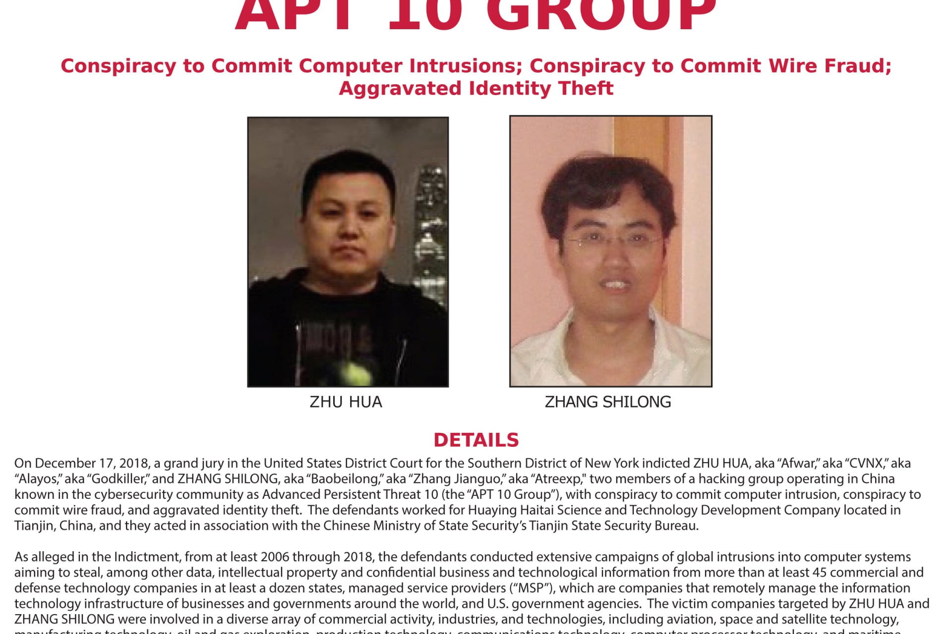 <p>2018Photographs of Zhu Hua and Zhang Shilong, members of a hacking group in China, appear on this U.S. Federal Bureau of Investigation (FBI) poster provided by the FBI, December 21, 2018.</p>
