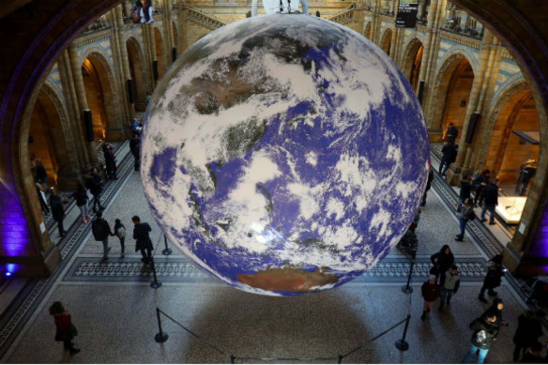 <p>A giant Earth artwork is displayed in the Hintze Hall inside the Natural History Museum in London, Britain, November 30, 2018. </p>
