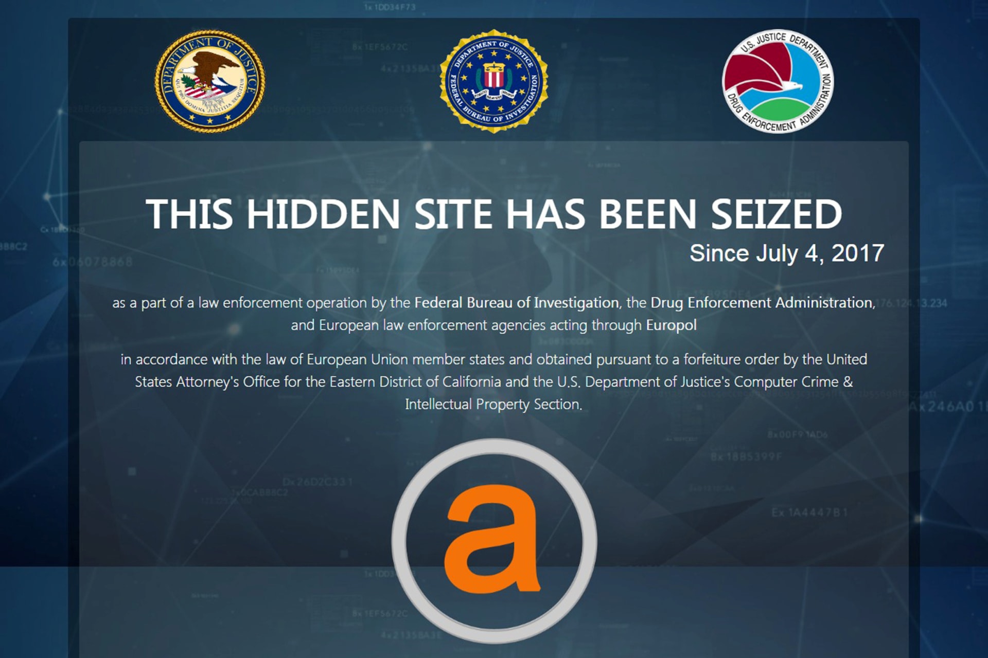 <p>U.S. Justice Department image shows a web screen after it had shut down the dark web marketplace AlphaBay.</p>

