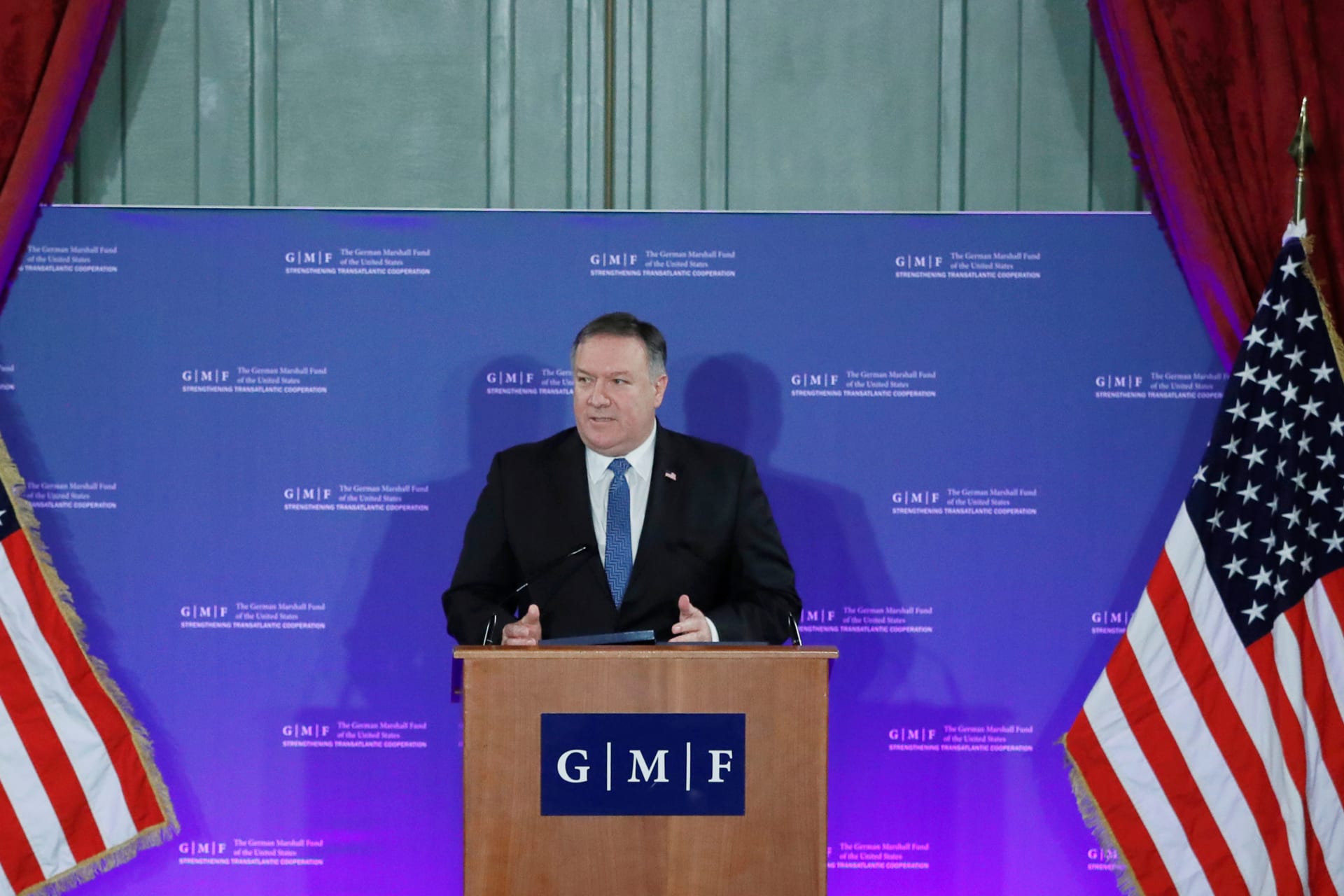 <p>U.S. Secretary of State Mike Pompeo speaks at a conference of the German Marshall Fund of the United States on “Reforming the Rules-Based International Order” in Brussels, Belgium, December 4, 2018. </p>
