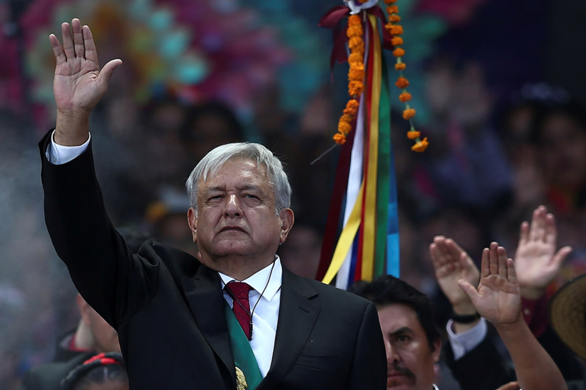 <p>Mexico’s President Andres Manuel Lopez Obrador takes part in an indigenous ceremony during the AMLO Fest at Zocalo square in Mexico City, Mexico.</p>
