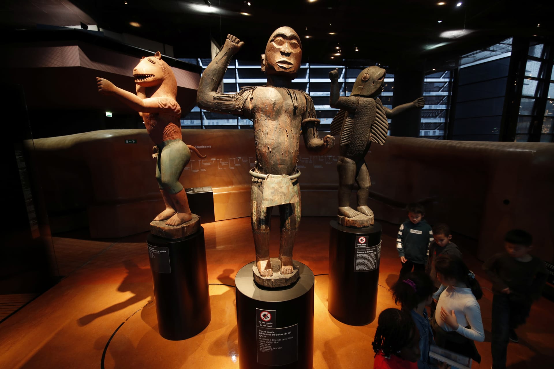 <p>Three large royal statues of the Kingdom of Dahomey, located in present-day Benin, are displayed at the Quai Branly Museum in Paris, France, November 23, 2018. </p>
