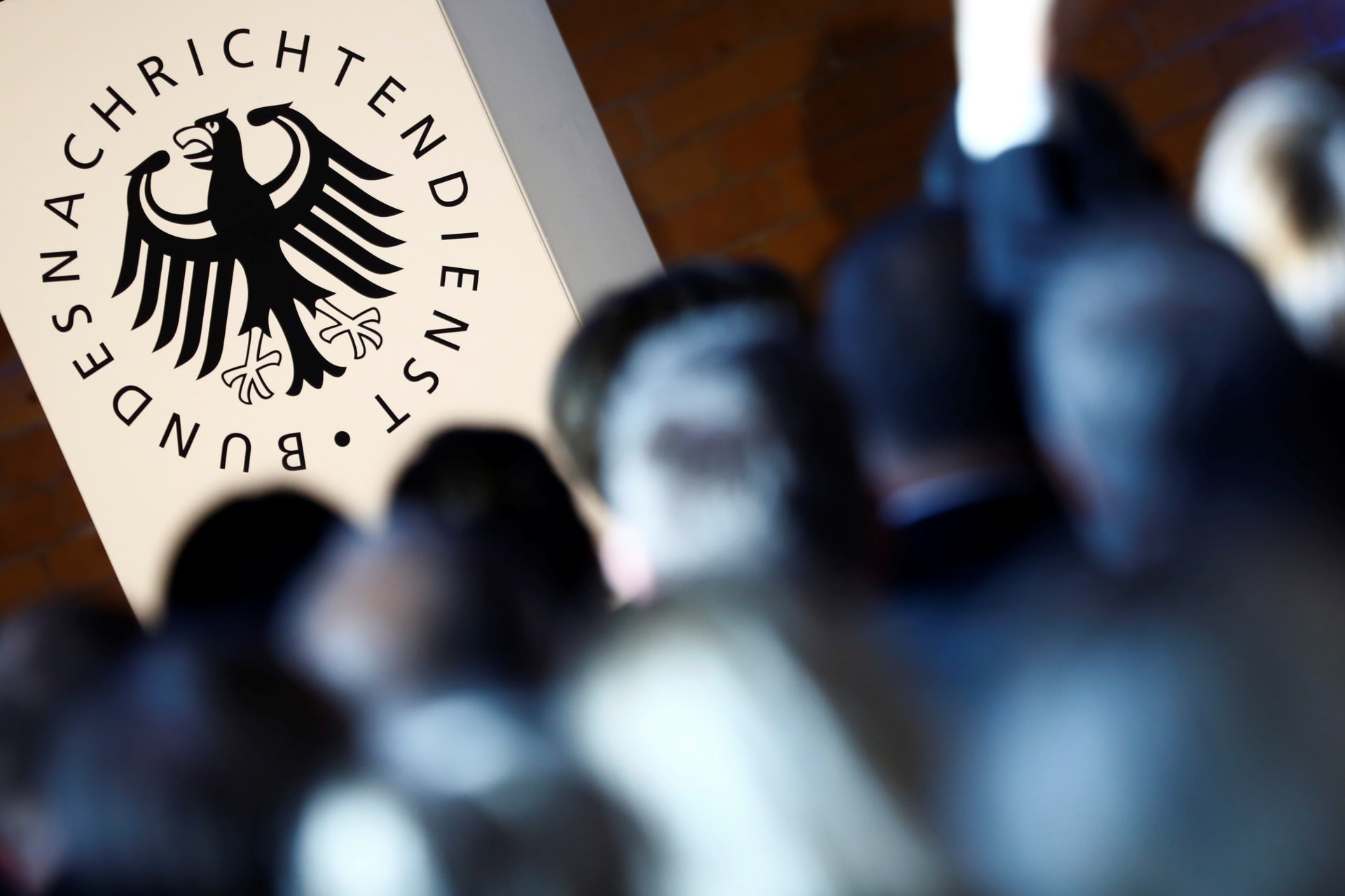 <p>The logo of the German Federal Intelligence Agency (BND) is pictured at the 60th anniversary of the founding of the BND in Berlin on November 28, 2016.</p>