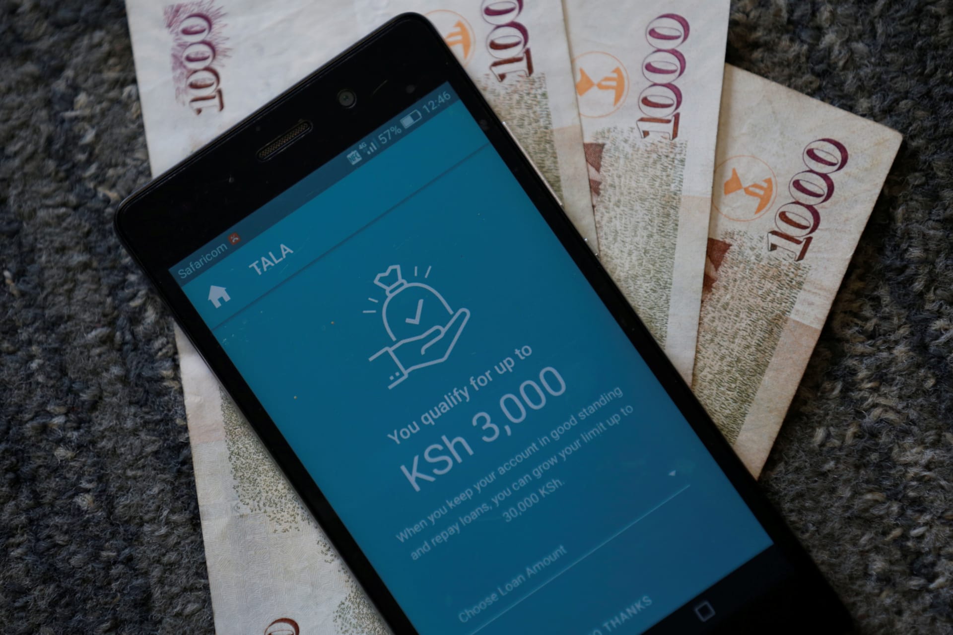 <p>Tala app, an online financial micro lending platform is seen on a mobile phone in this photo illustration taken May 23, 2018. </p>