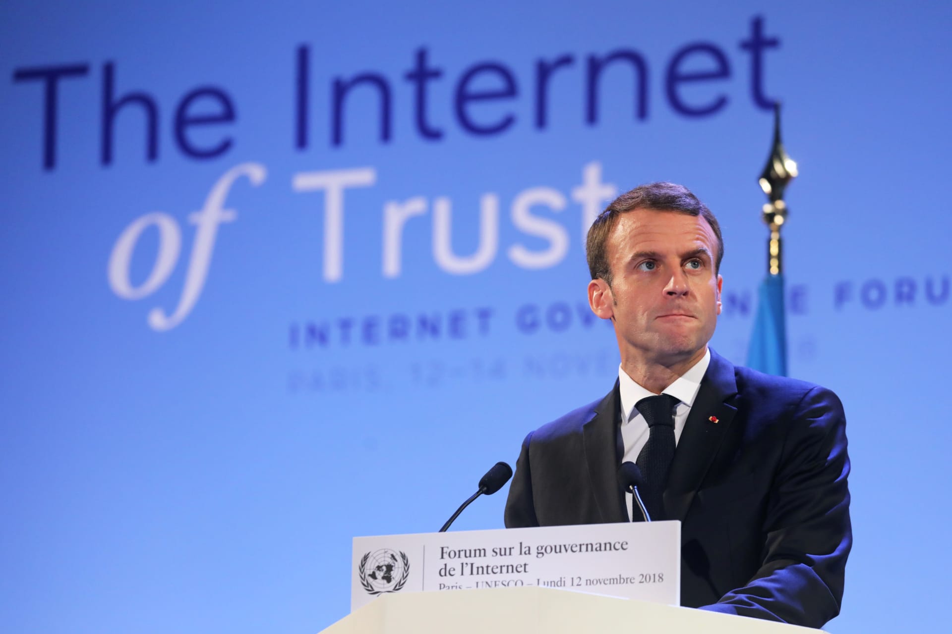<p>French President Emmanuel Macron delivers a speech during the opening session of the Internet Governance Forum (IGF) at the UNESCO headquarters in Paris, France November 12, 2018.</p>
