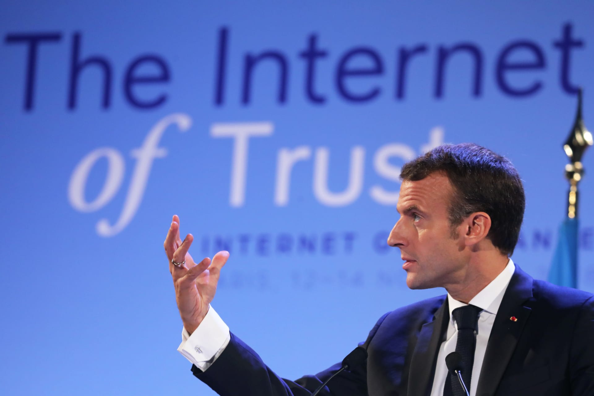 <p>French President Emmanuel Macron delivers a speech during the opening session of the Internet Governance Forum (IGF) at the UNESCO headquarters in Paris, France November 12, 2018.</p>

