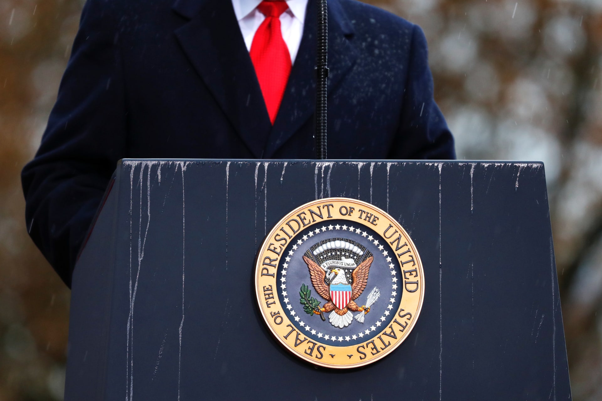 <p>A lectern with presidential seal is pictured as U.S. President Donald Trump speaks.</p>
