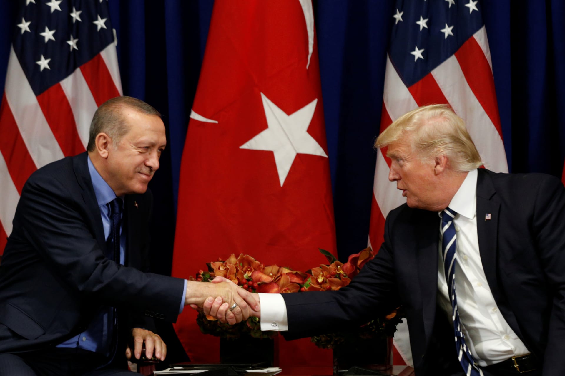 <p>U.S. President Donald Trump meets with President Recep Tayyip Erdogan of Turkey during the U.N. General Assembly in New York, U.S., September 21, 2017.</p>
