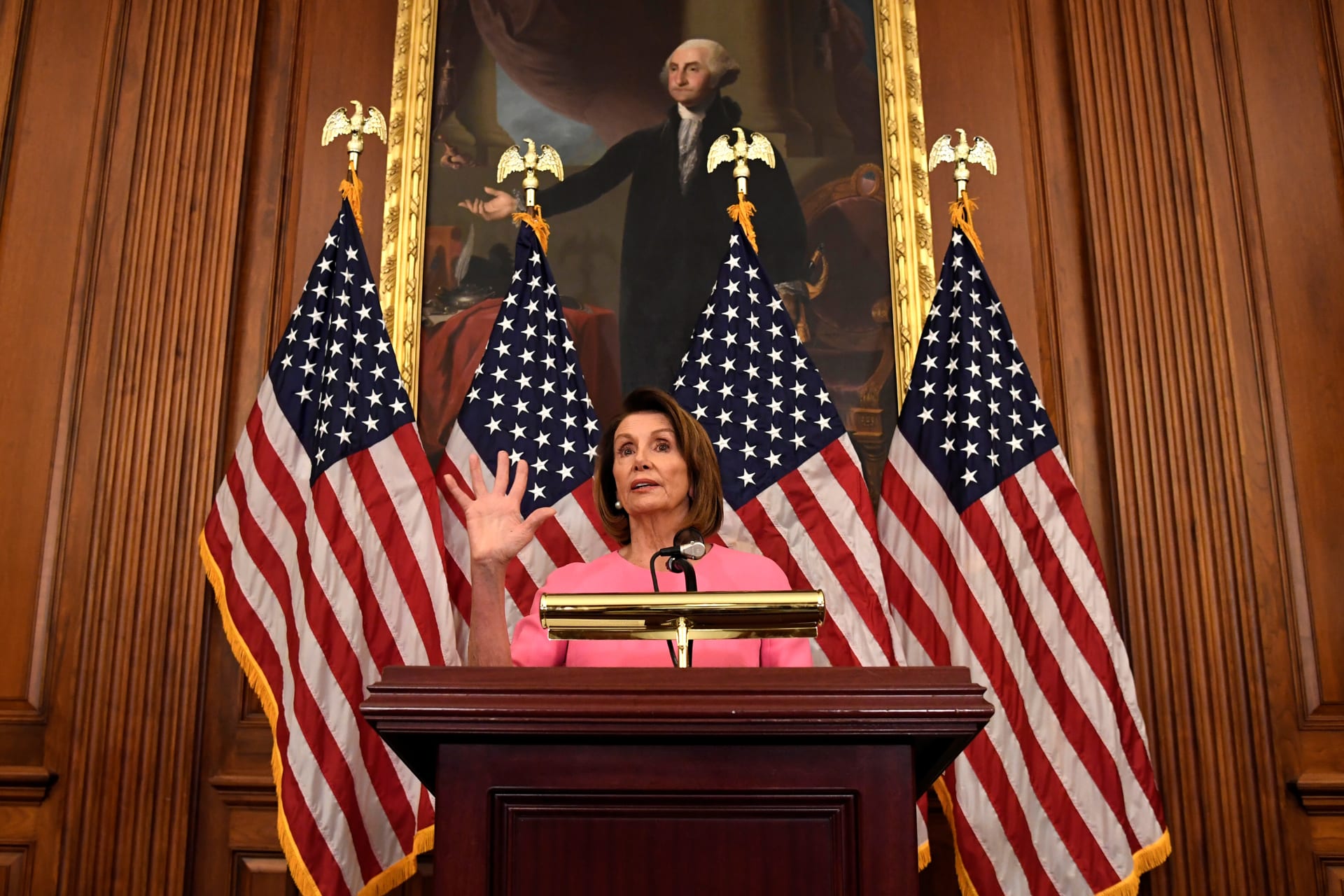 <p>House Minority Leader Nancy Pelosi (D-CA) makes remarks a day after the Midterm Elections, in which the Senate Republicans retained their majority as the House saw Democrats sweep into control, on Capitol Hill in Washington, DC, on November 7, 2018.</p>
