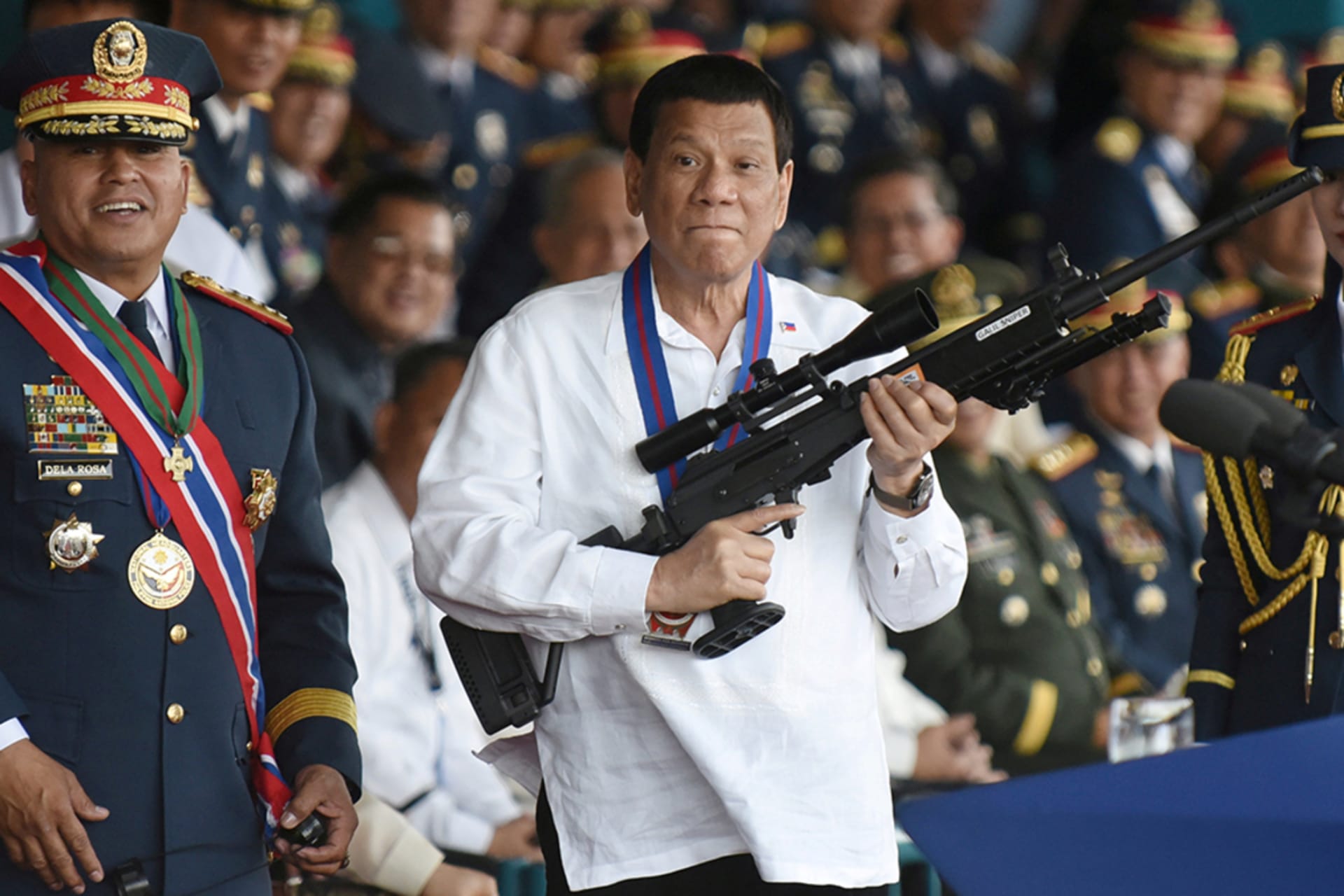 <p>President Rodrigo Duterte during a National Police chief handover ceremony in Quezon City.</p>
