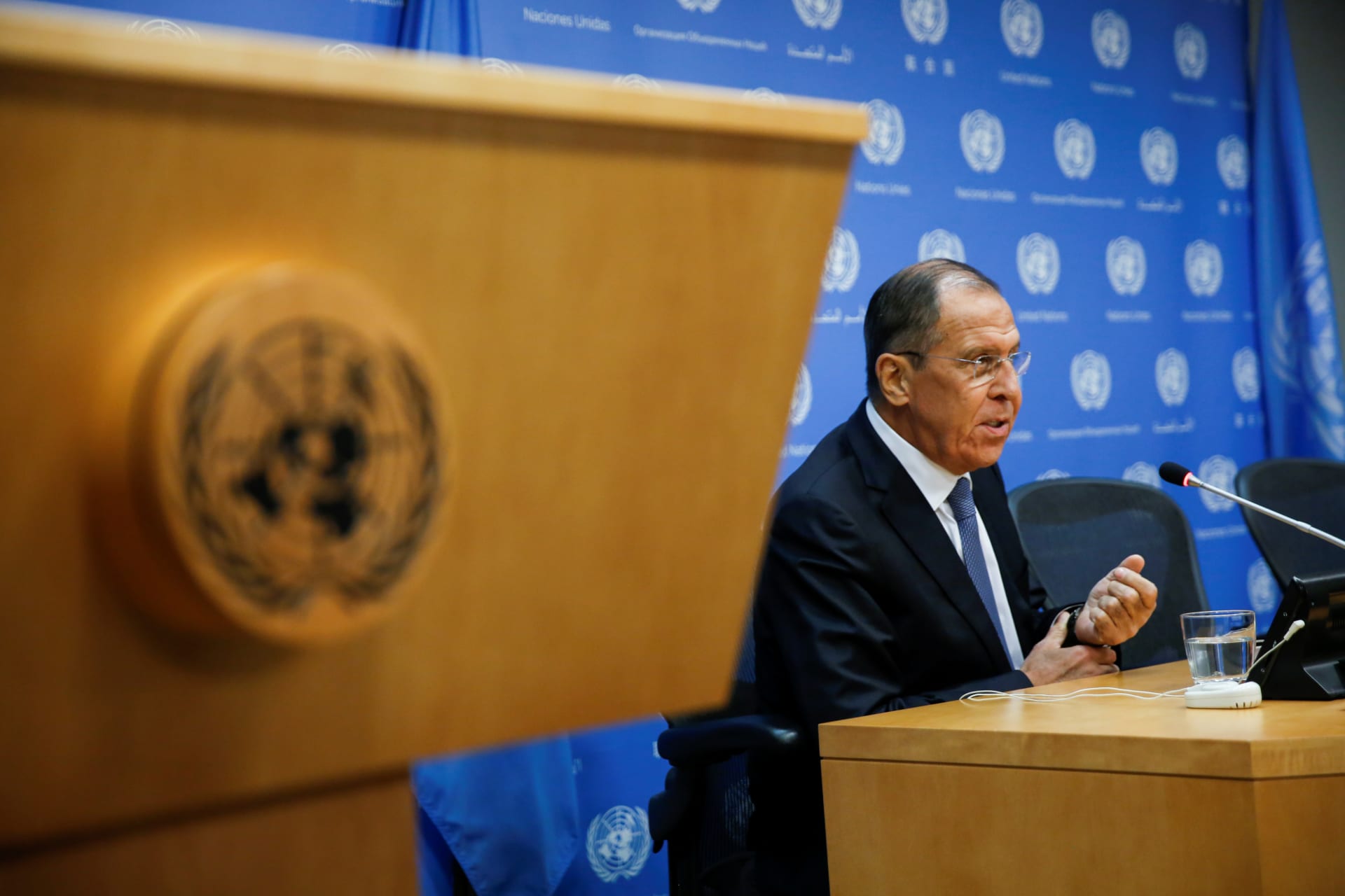 <p>Russian Foreign Minister Sergei Lavrov speaks with media during a press conference on the sidelines of the 73rd session of the United Nations General Assembly at U.N. headquarters on September 28, 2018.</p>
